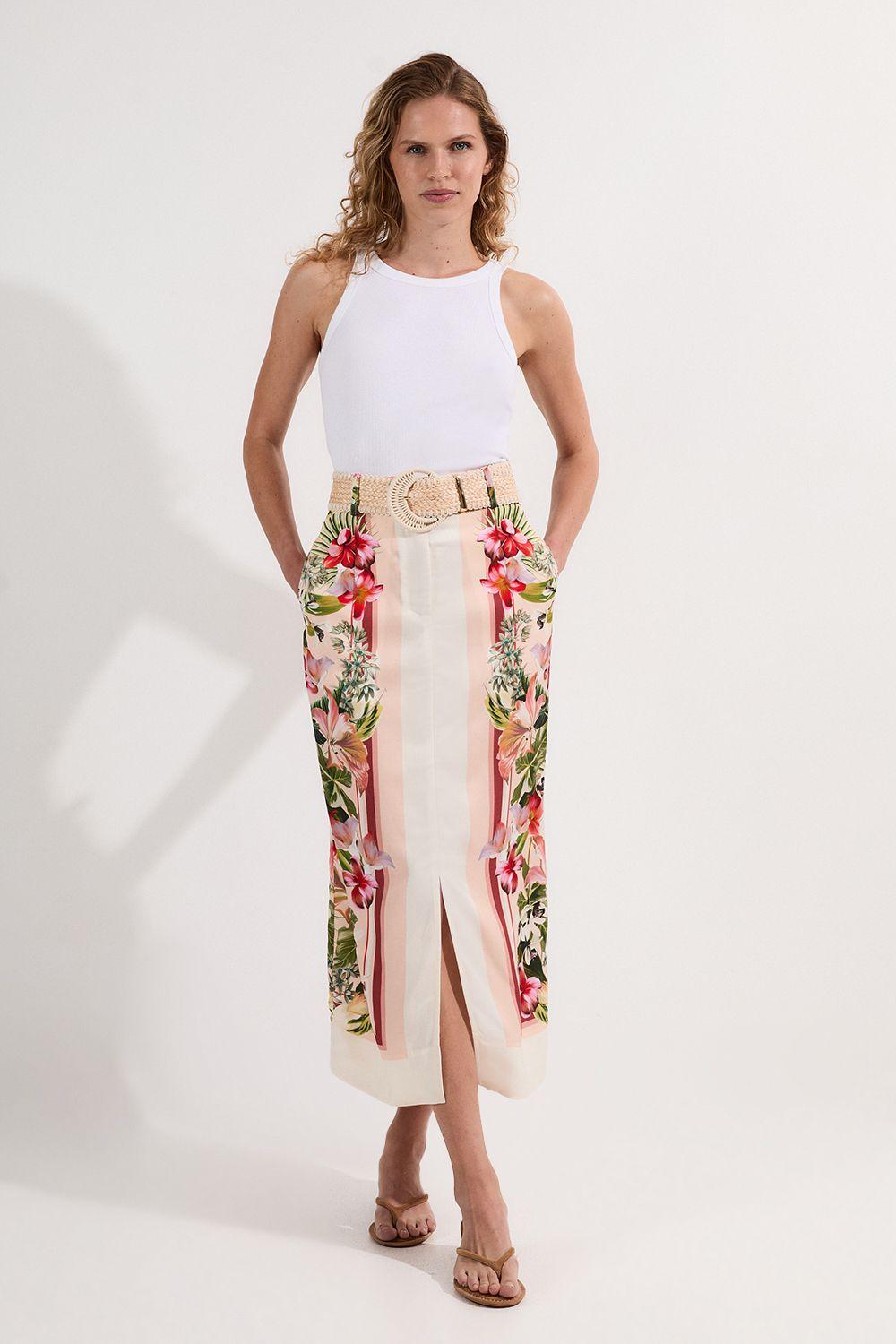 Petite Mirrored Viscose Linen Floral Print With Raffia Belt Woven Midi Skirt by KARENMILLEN