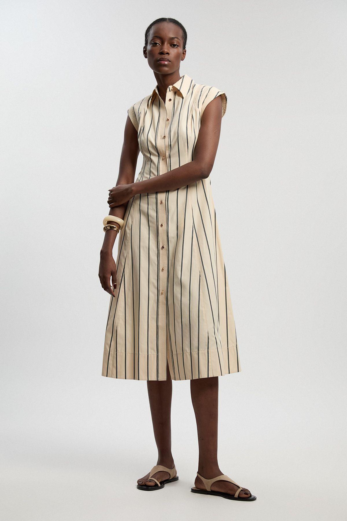 Petite Mono Stripe Cotton Top Stitch Woven Midi Shirt Dress by KARENMILLEN