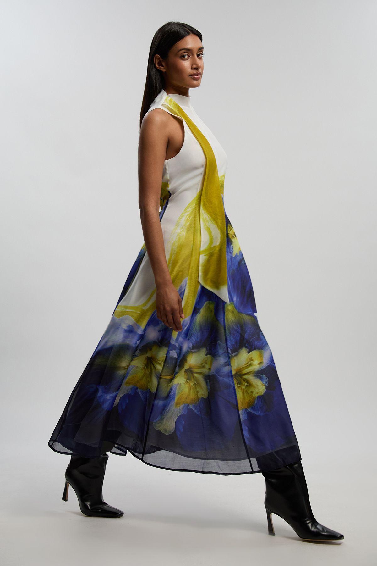 Petite Photographic Floral Organza Scarf Detail Woven Maxi Dress by KARENMILLEN