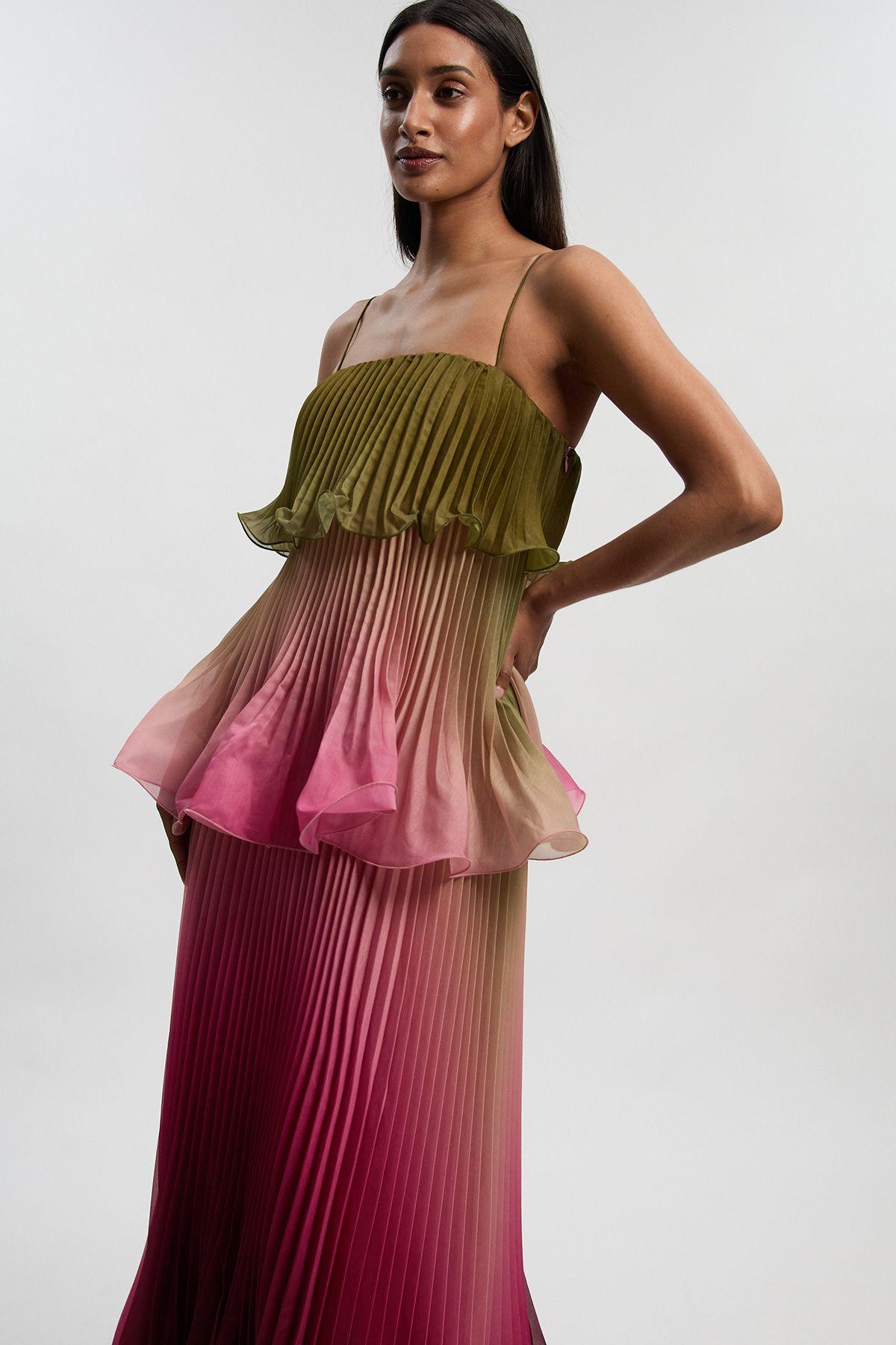 Petite Pleated Slub Organdie Peplum Woven Maxi Dress by KARENMILLEN