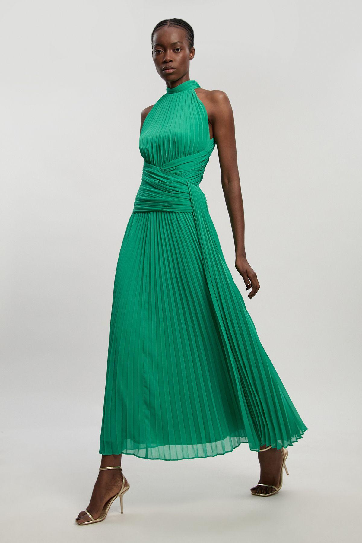 Petite Pleated Twist Front Woven Halter Midi Dress by KARENMILLEN