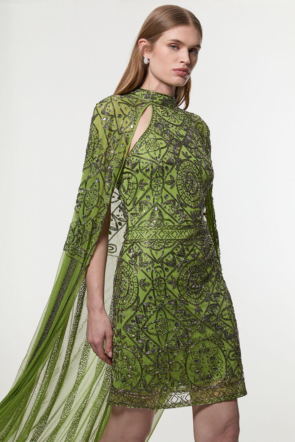 Petite Premium Beading And Embellished Cape Detail Woven Mini Dress by KARENMILLEN