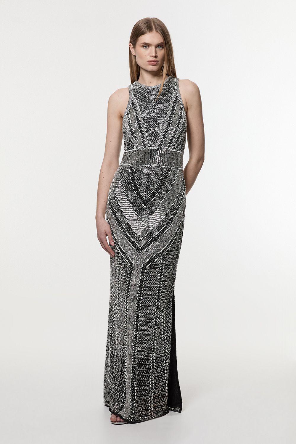 Petite Premium Beading And Embellished Woven Halter Neck Maxi Dress by KARENMILLEN