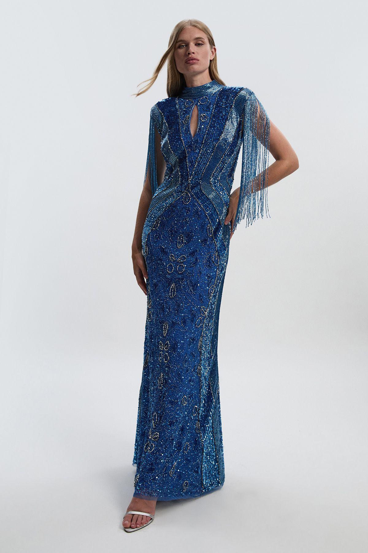 Petite Premium Embellished Beaded Cap Sleeve Woven Maxi Dress by KARENMILLEN