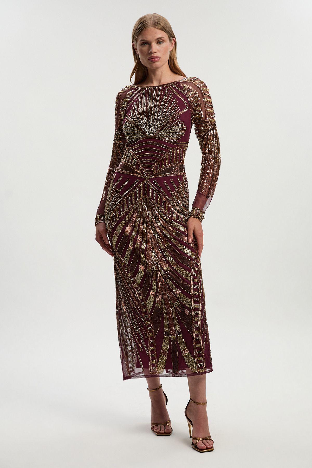 Petite Premium Mirrored Crystal Embellished Woven Long Sleeve Column Dress by KARENMILLEN