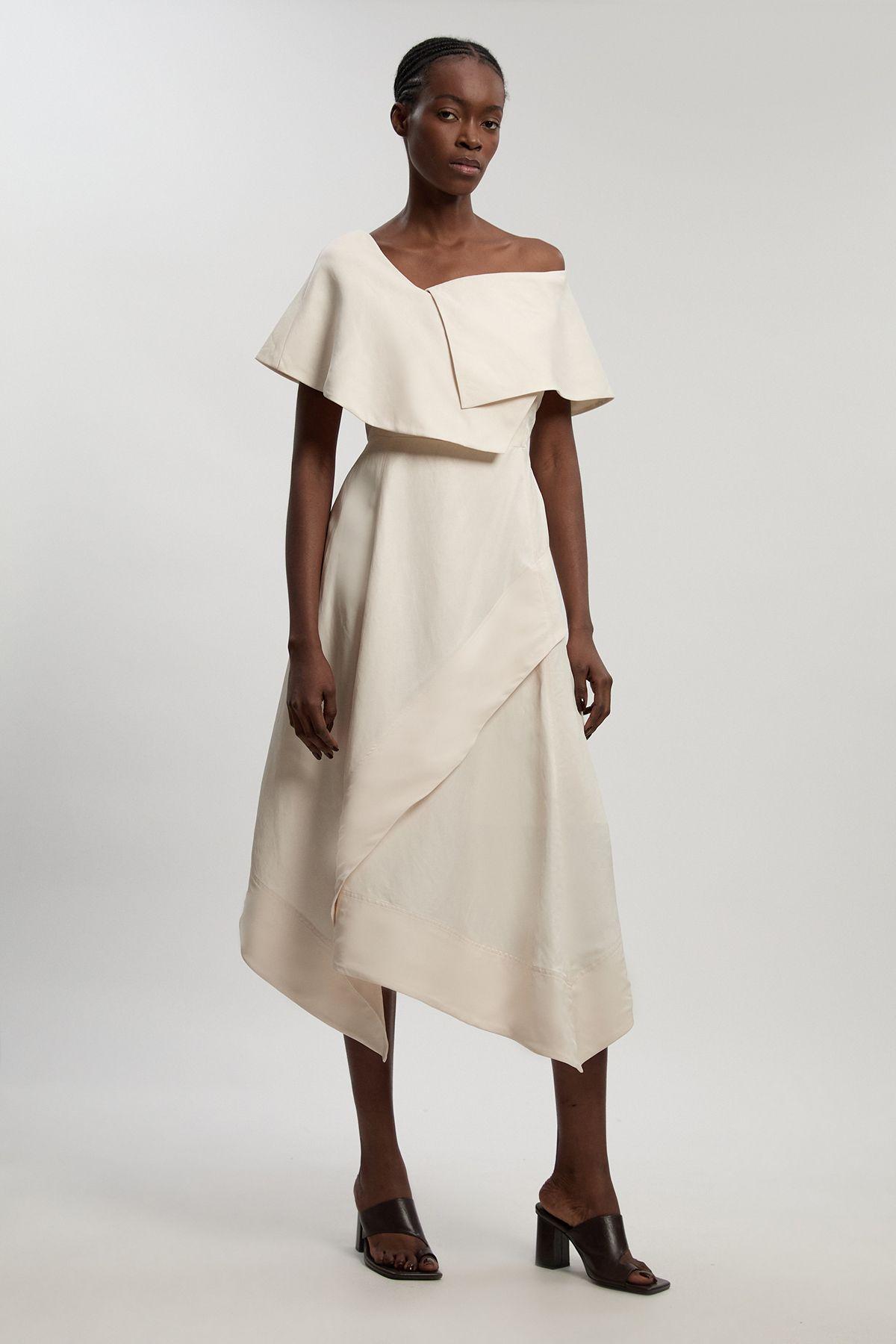 Petite Premium Viscose Linen Tailored Asymmetric Neck Full Skirted Midi Dress by KARENMILLEN