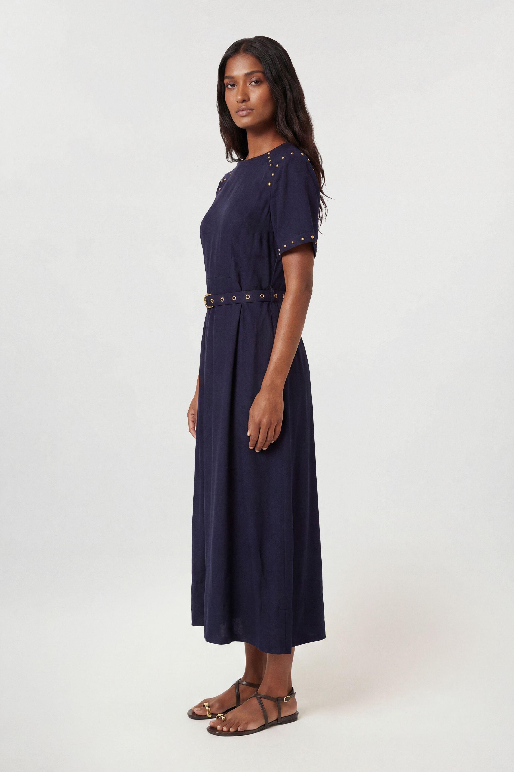 Petite Premium Viscose Linen Woven Midi Dress With Stud Detail by KARENMILLEN