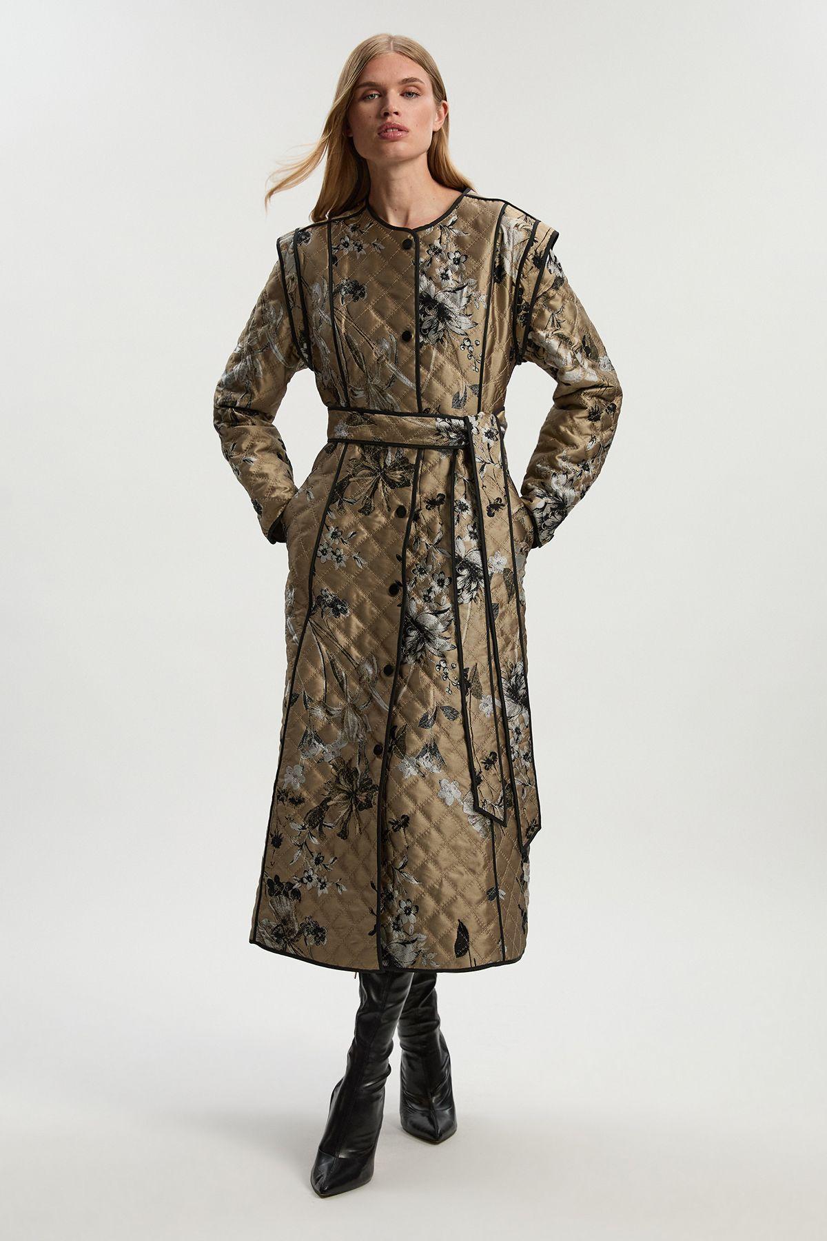 Petite Printed Jacquard Padded Collarless Full Midi Coat by KARENMILLEN