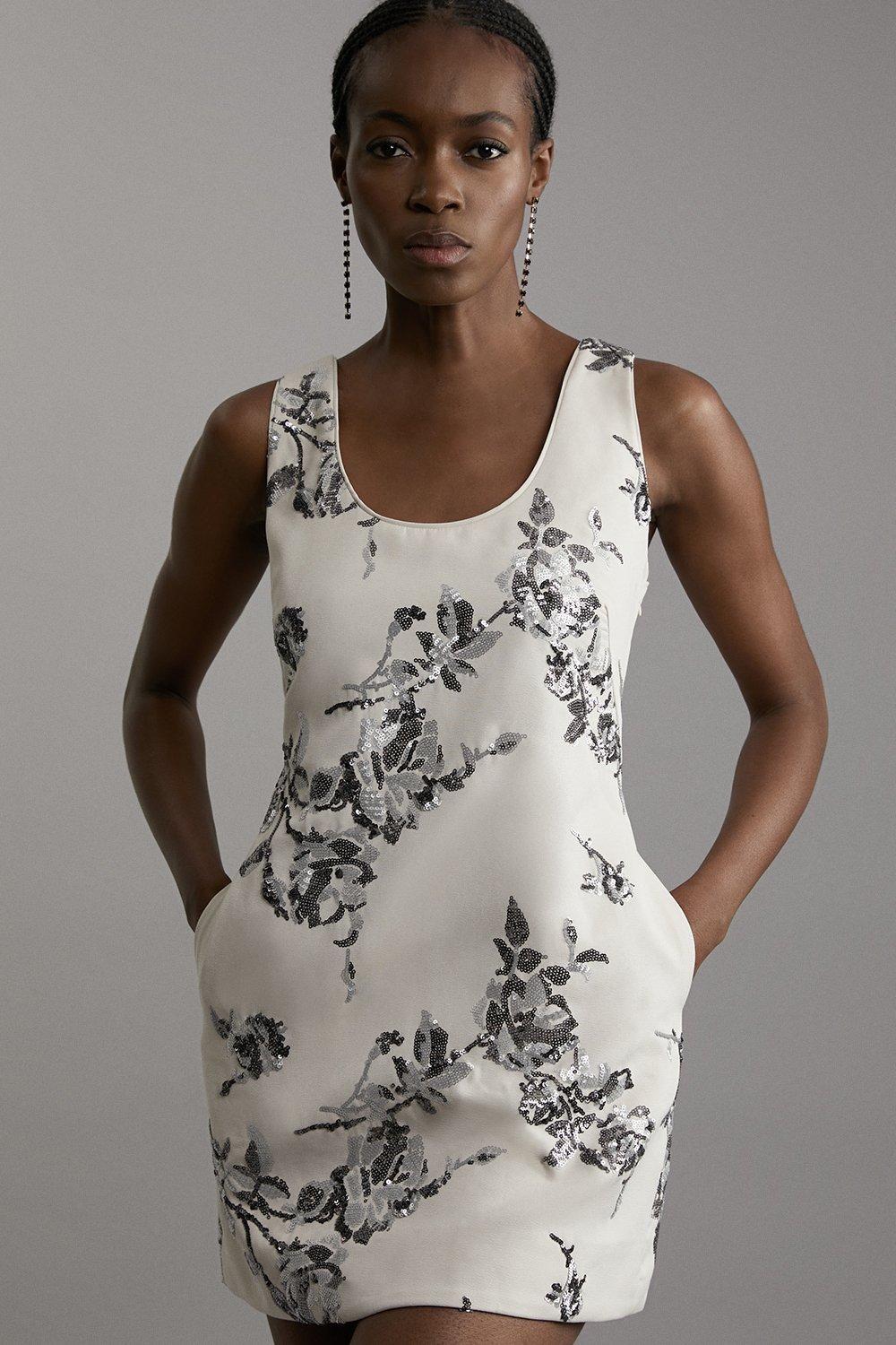 Petite Satin Sequin And Embroidery Woven Mini Dress by KARENMILLEN