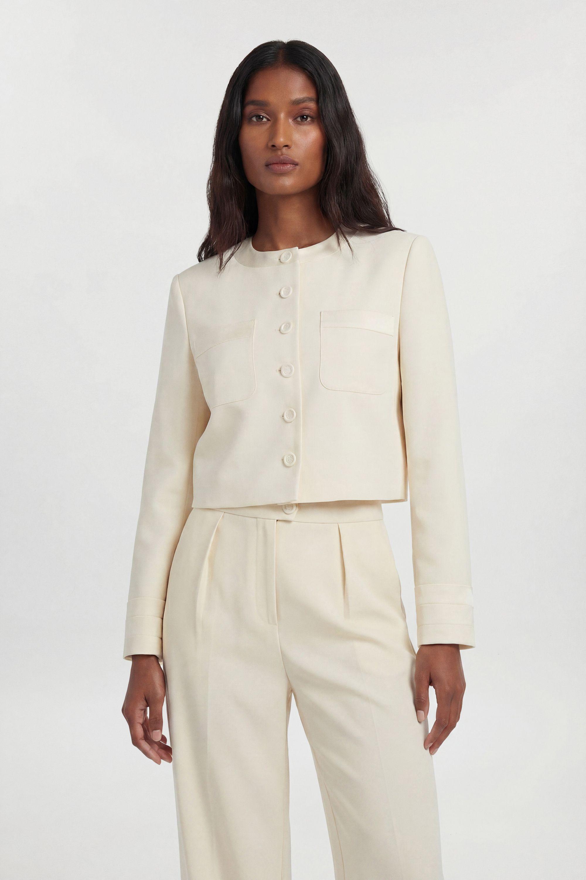 Petite Satin Tux Tailored Collarless Cropped Blazer by KARENMILLEN