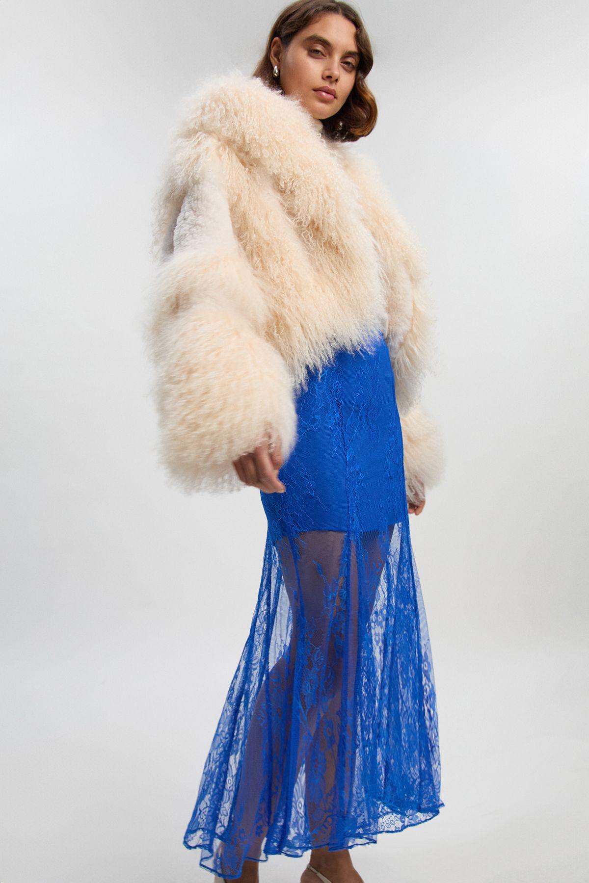 Petite Sheer Lace Godet Woven Midi Skirt by KARENMILLEN