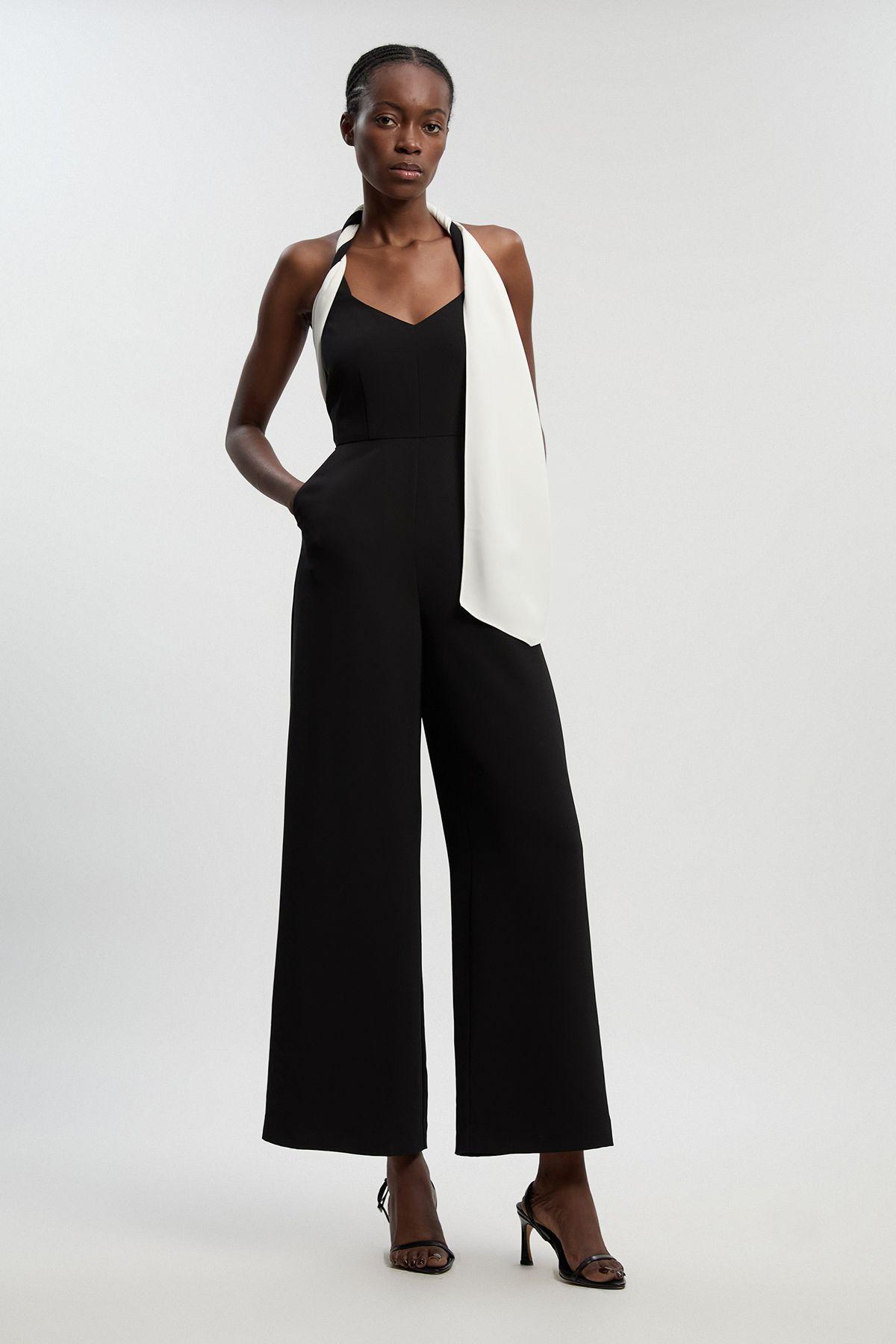Petite Soft Tailored Colour Block Detail Halter Neck Jumpsuit by KARENMILLEN