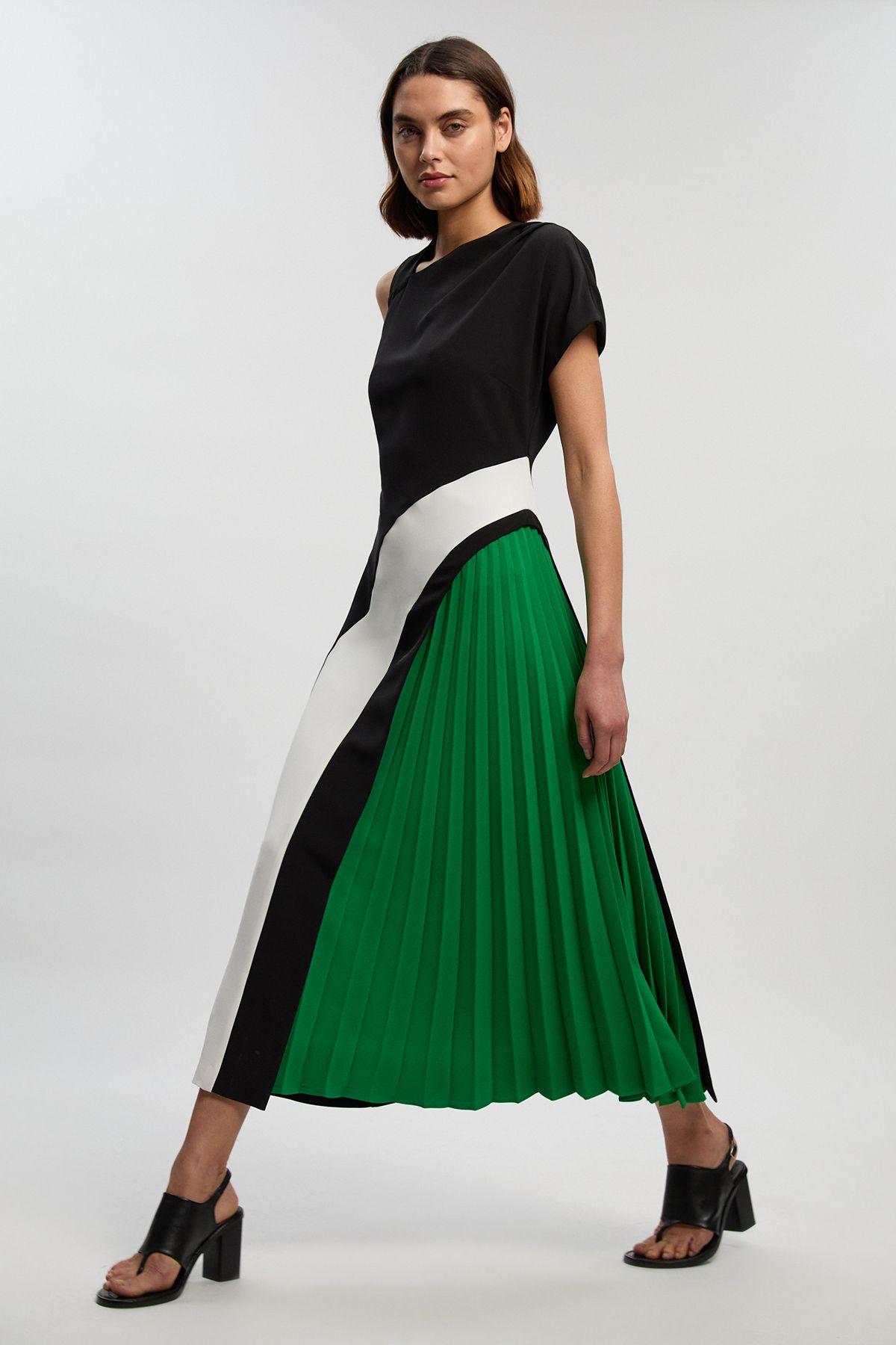 Petite Soft Tailored Colour Block High Neck Pleated Midi Dress by KARENMILLEN