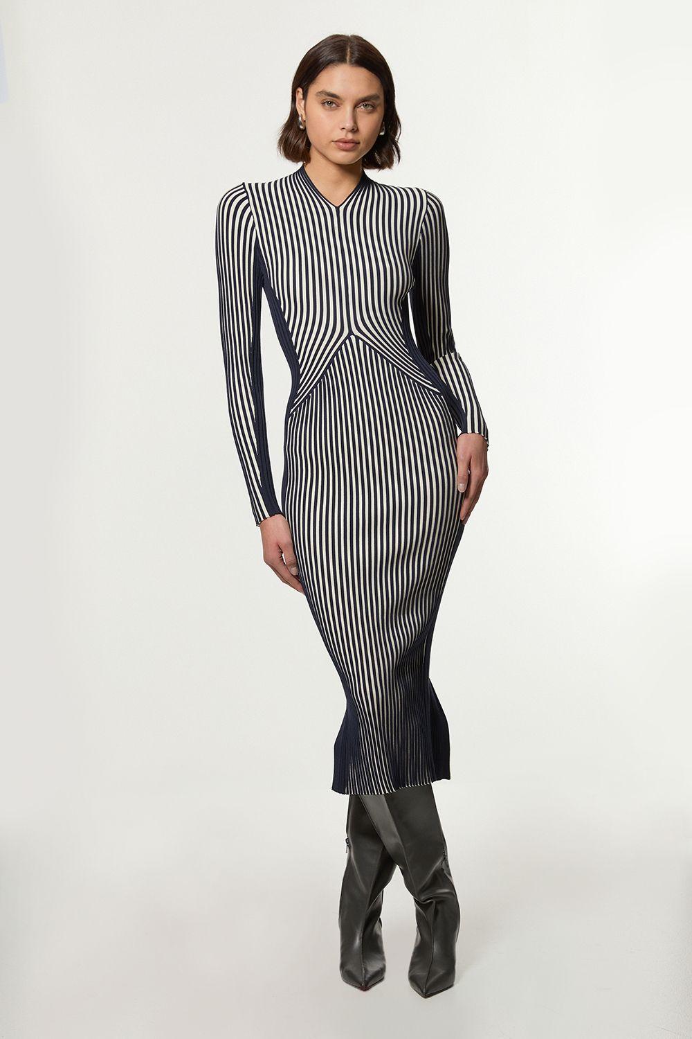 Petite Stripe Fitted Long Sleeve Knitted Midi Dress by KARENMILLEN