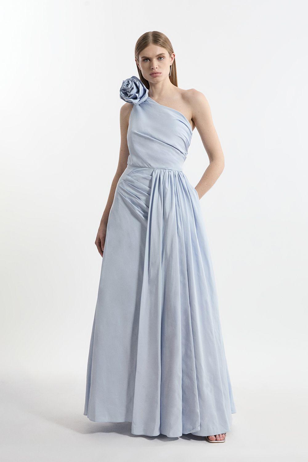 Petite Taffeta Rosette Neck Tailored Pleat Gathered Maxi Dress by KARENMILLEN