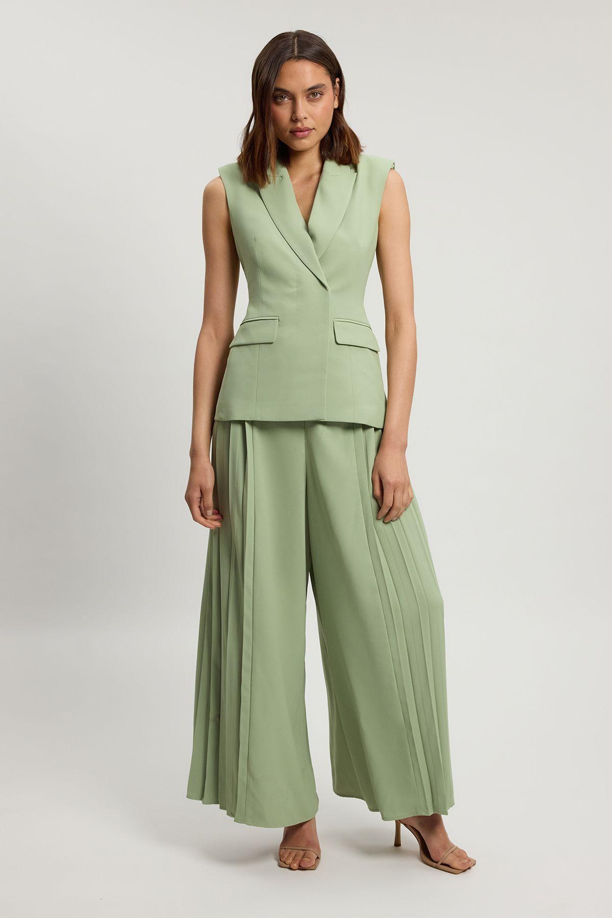 Petite Tailored Crepe Asymmetric Pleat Wide Leg Jumpsuit by KARENMILLEN