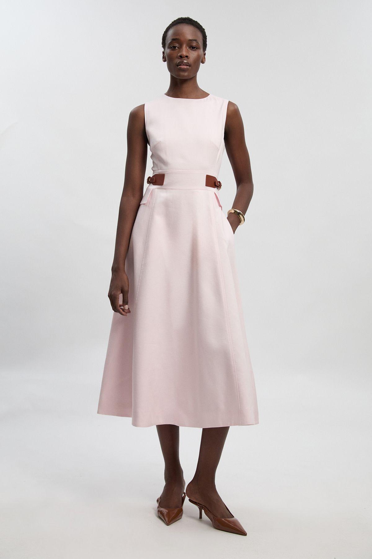Petite Tailored Linen Tab Waist Detail Full Skirt Midi Dress by KARENMILLEN
