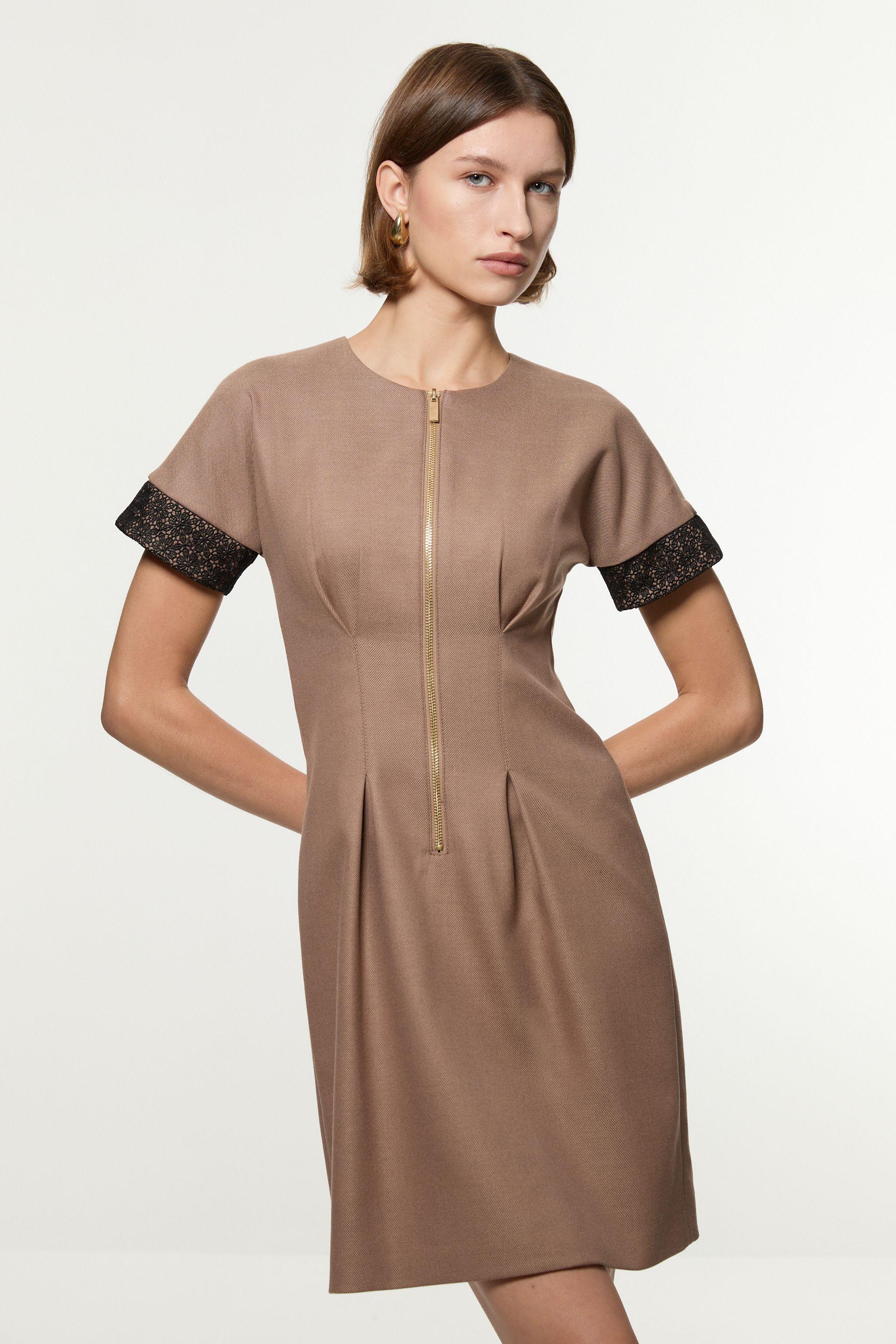 Petite Tailored Twill Lace Mix Zip Front Mini Dress by KARENMILLEN