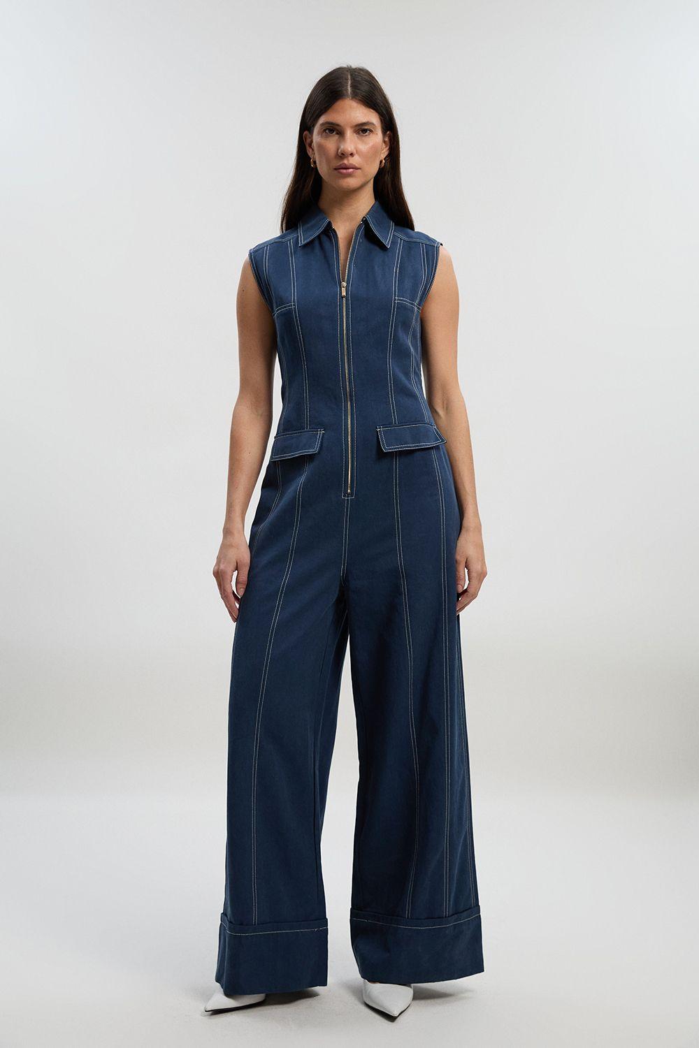Petite Tencel Cotton Contrast Stitch Zip Front Woven Jumpsuit by KARENMILLEN