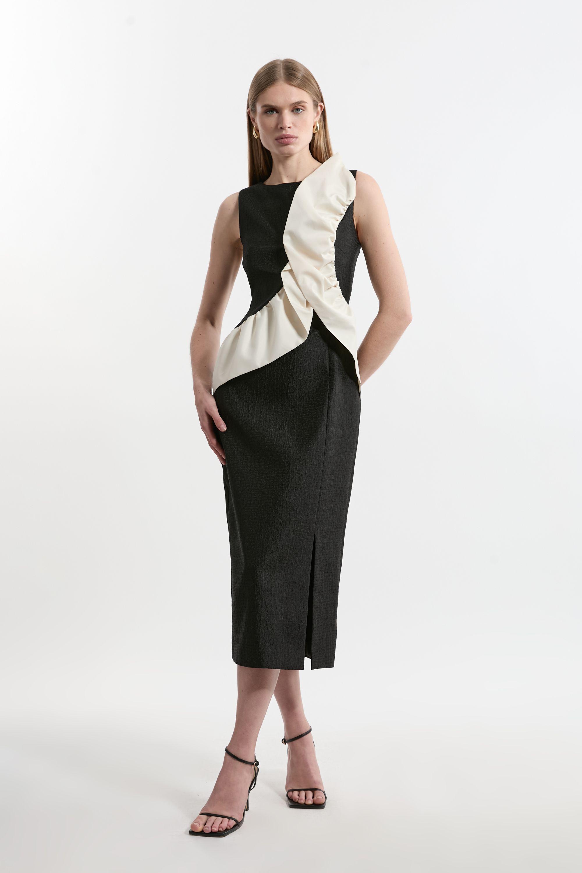 Petite Textured Tailored Contrast Taffeta Ruffle Maxi Dress by KARENMILLEN