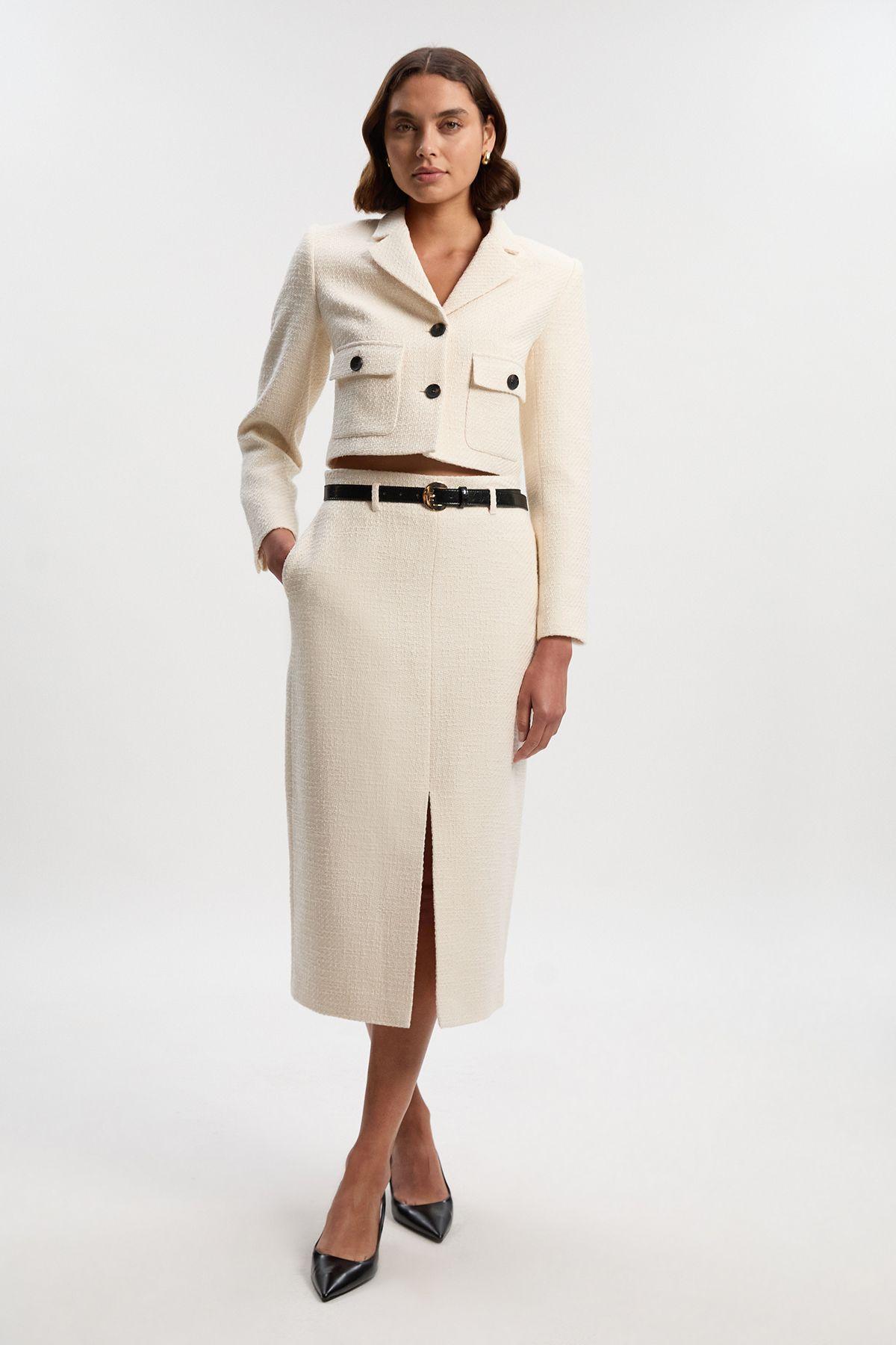 Petite Textured Tweed Belted Tailored Pencil Skirt by KARENMILLEN