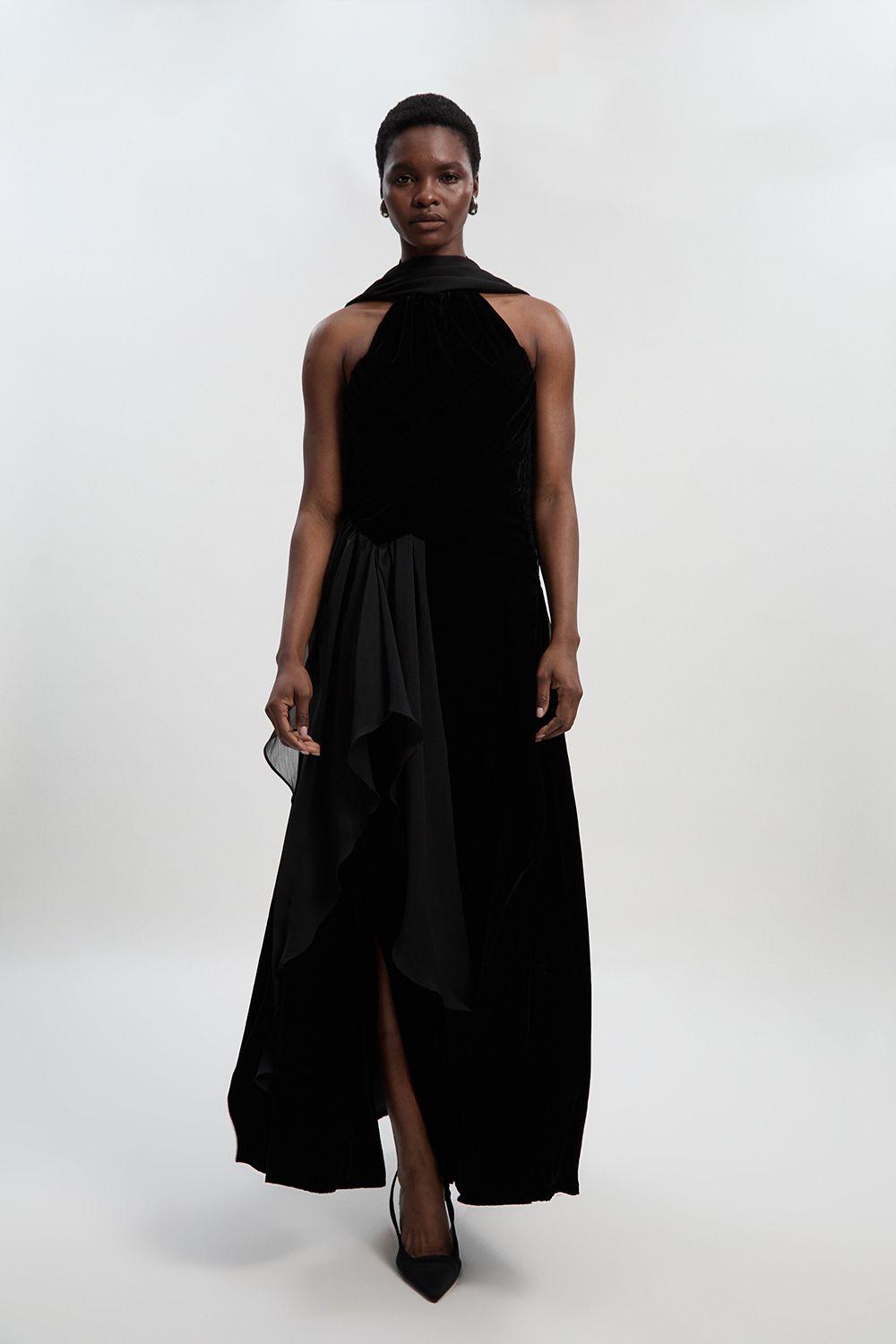 Petite Velvet Cross Front Woven Maxi Dress by KARENMILLEN