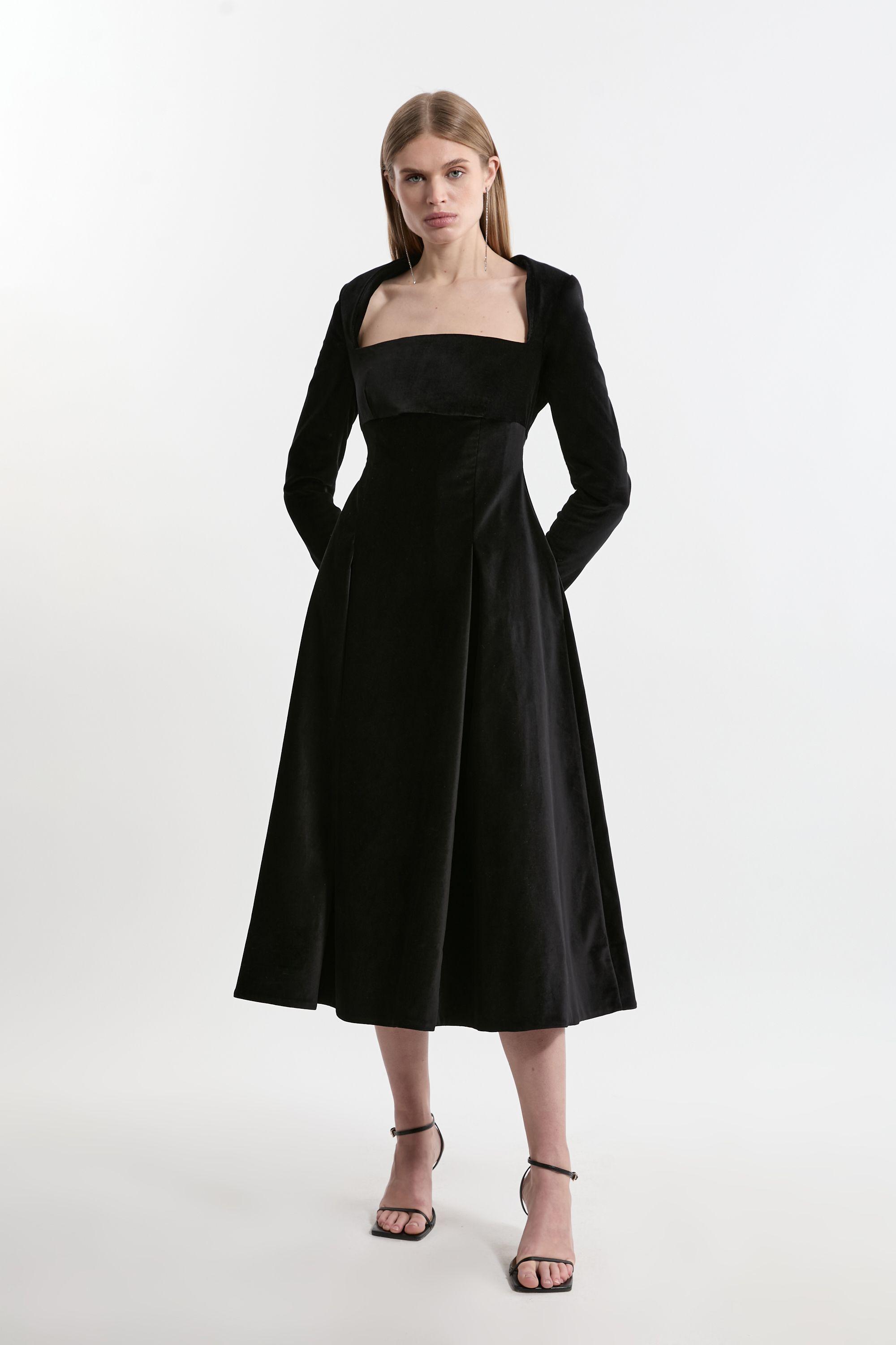 Petite Velvet Tailored Pleat Full Skirted Midaxi Dress by KARENMILLEN Petite Velvet Tailored Pleat Full Skirted Midaxi Dress by KARENMILLEN