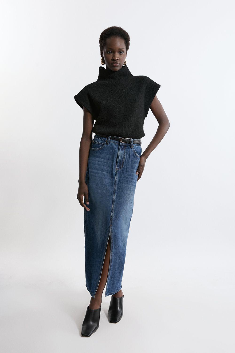 Petite Washed Denim Tailored Maxi Skirt by KARENMILLEN