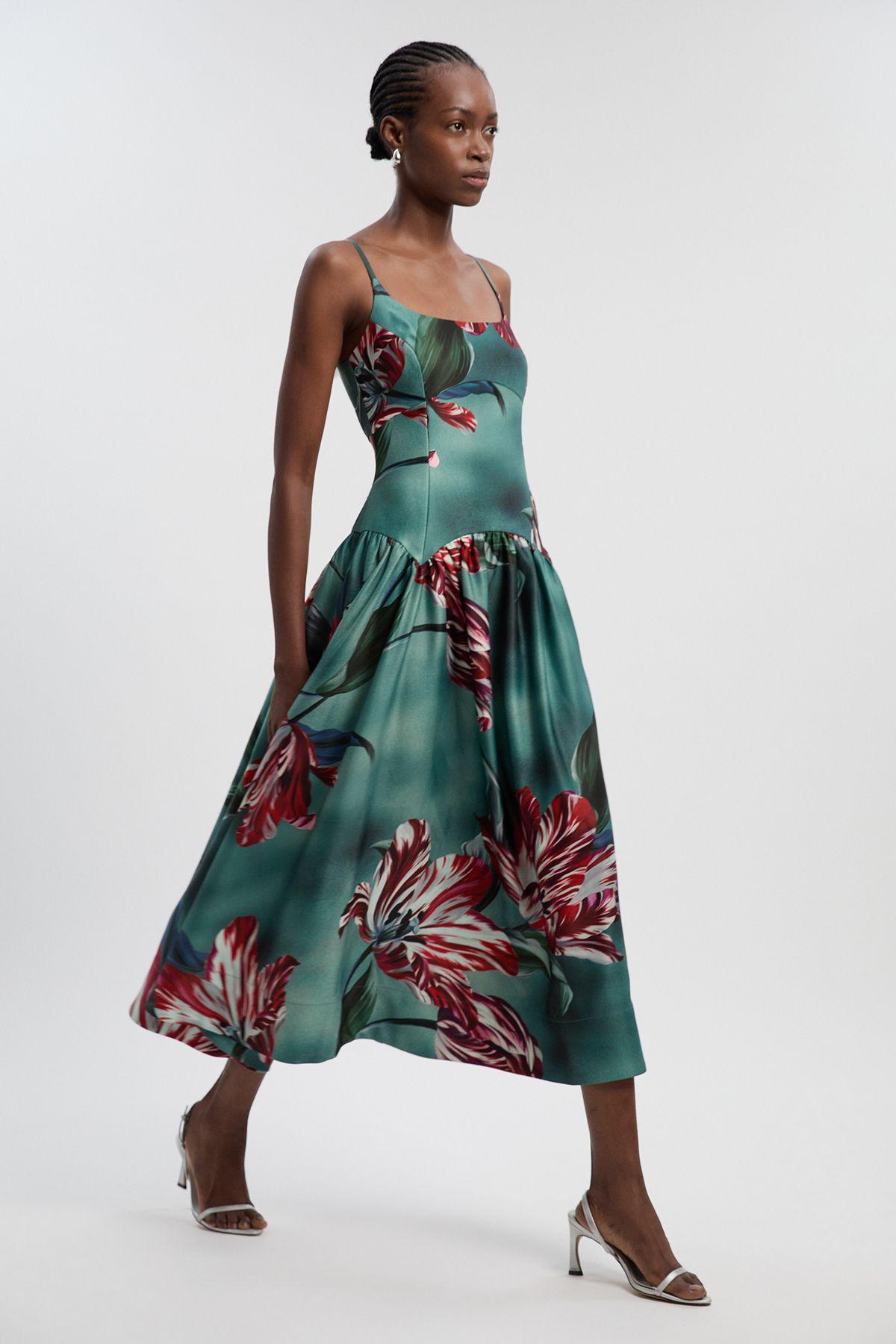 Photographic Floral Heavy Satin Drop Waist Maxi Dress by KARENMILLEN