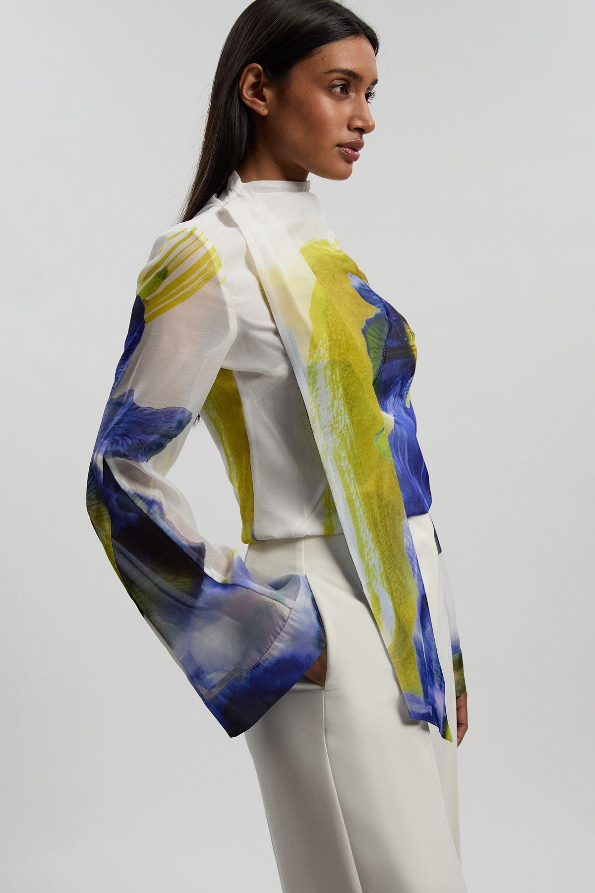 Photographic Floral Organza Scarf Detail Woven Flute Sleeve Blouse by KARENMILLEN