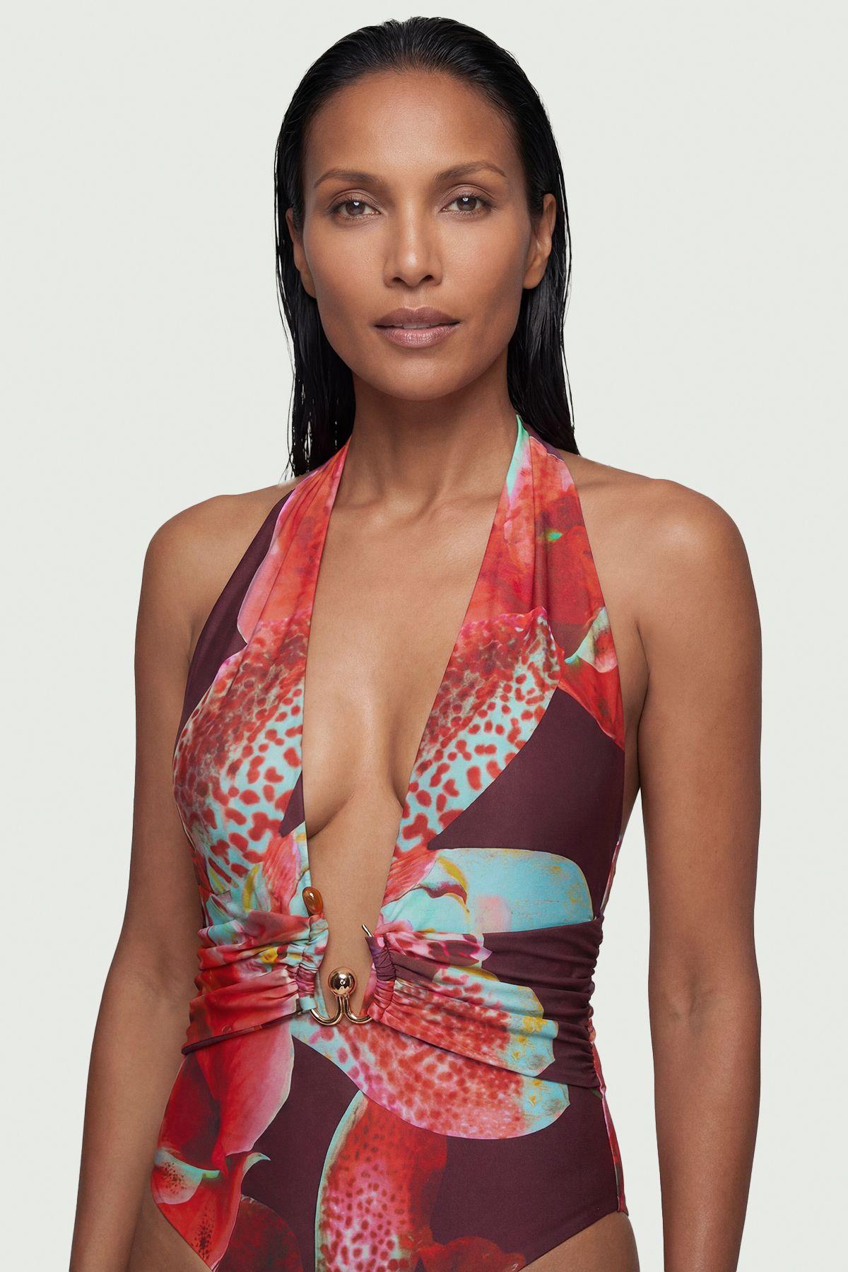 Photographic Floral Plunge Swimsuit With Stone Detail by KARENMILLEN