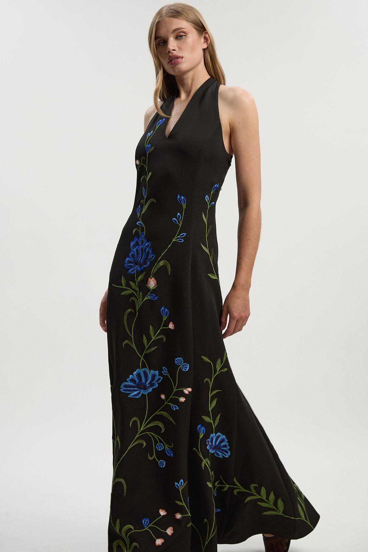 Placed Floral Halter Embroidered Crepe Woven Maxi Dress by KARENMILLEN