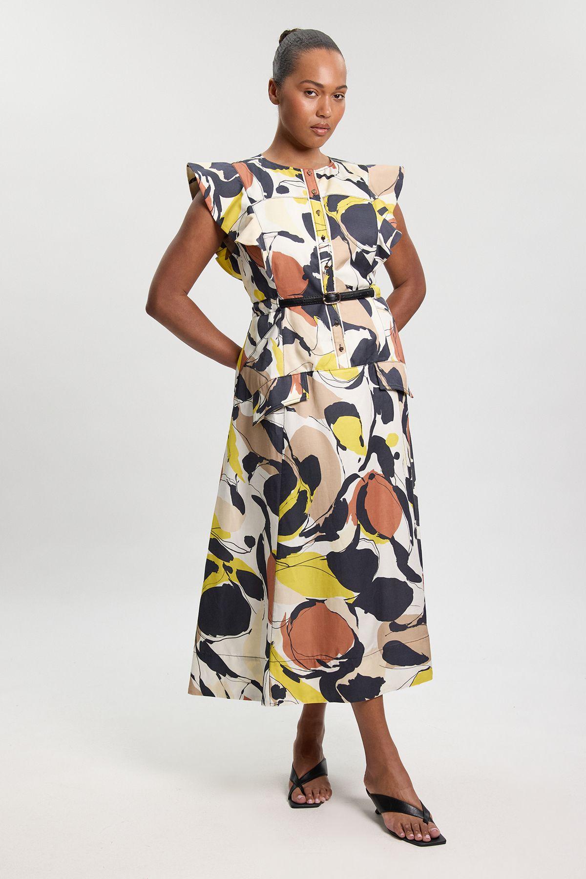 Plus Size Abstract Print Viscose Linen Woven Ruffle Sleeve Midi Dress by KARENMILLEN