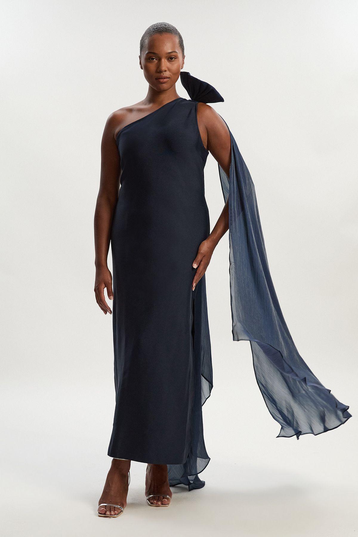 Plus Size Bandage Figure Form Knit Woven Cape Detail Maxi Dress by KARENMILLEN