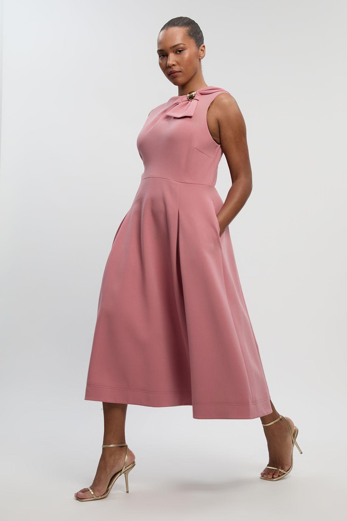 Plus Size Compact Stretch Bow Tie Neck Trim Detail Tailored Full Midi Dress by KARENMILLEN