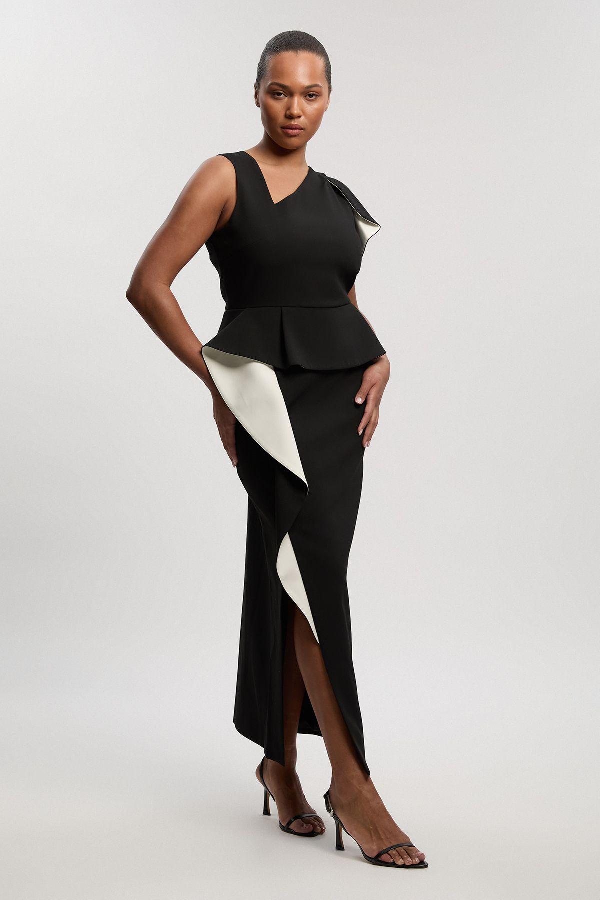 Plus Size Compact Stretch Ruffle Peplum Belted Pencil Midi Dress by KARENMILLEN