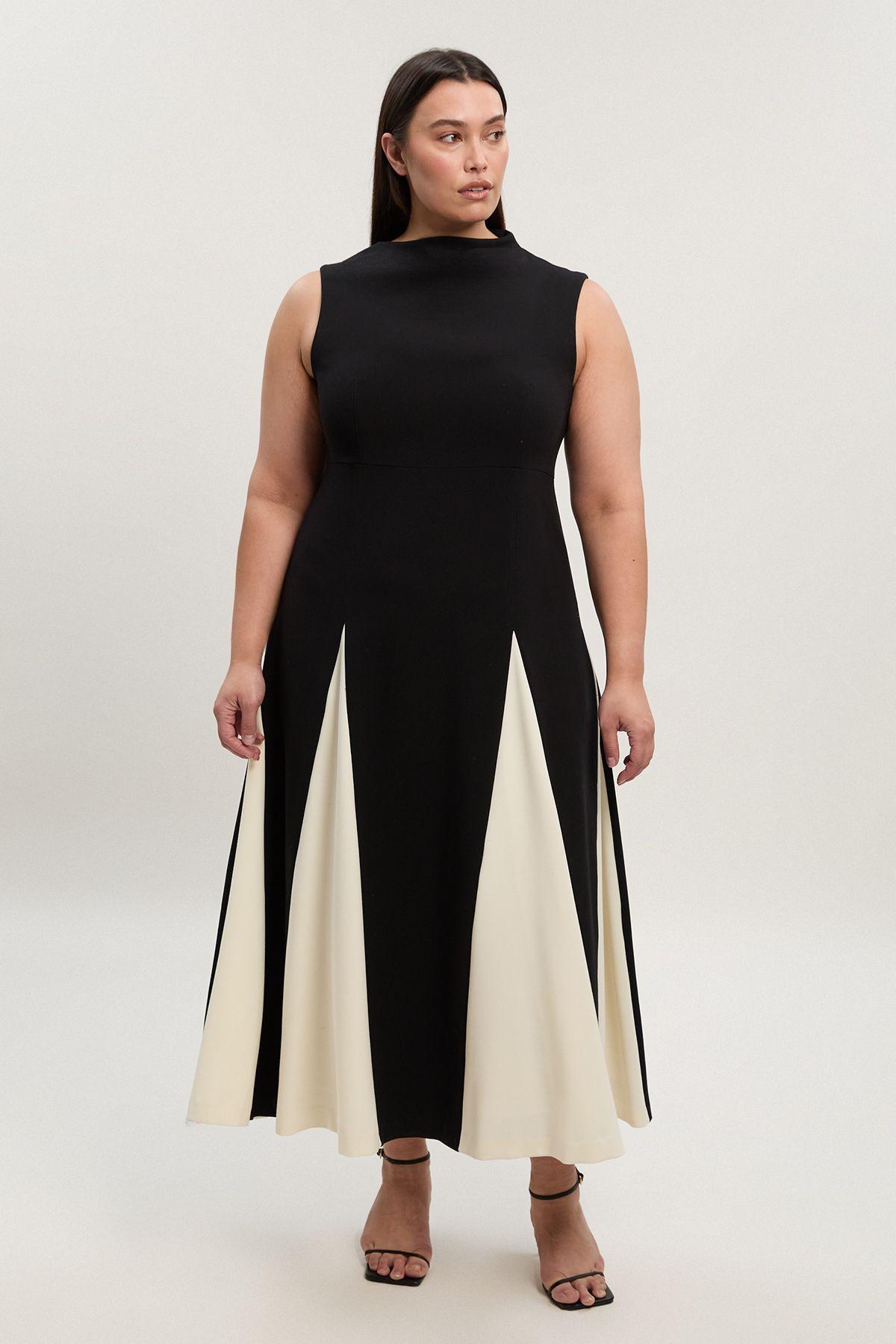 Plus Size Compact Stretch Tailored Colour Block Full Skirted Midi Dress by KARENMILLEN