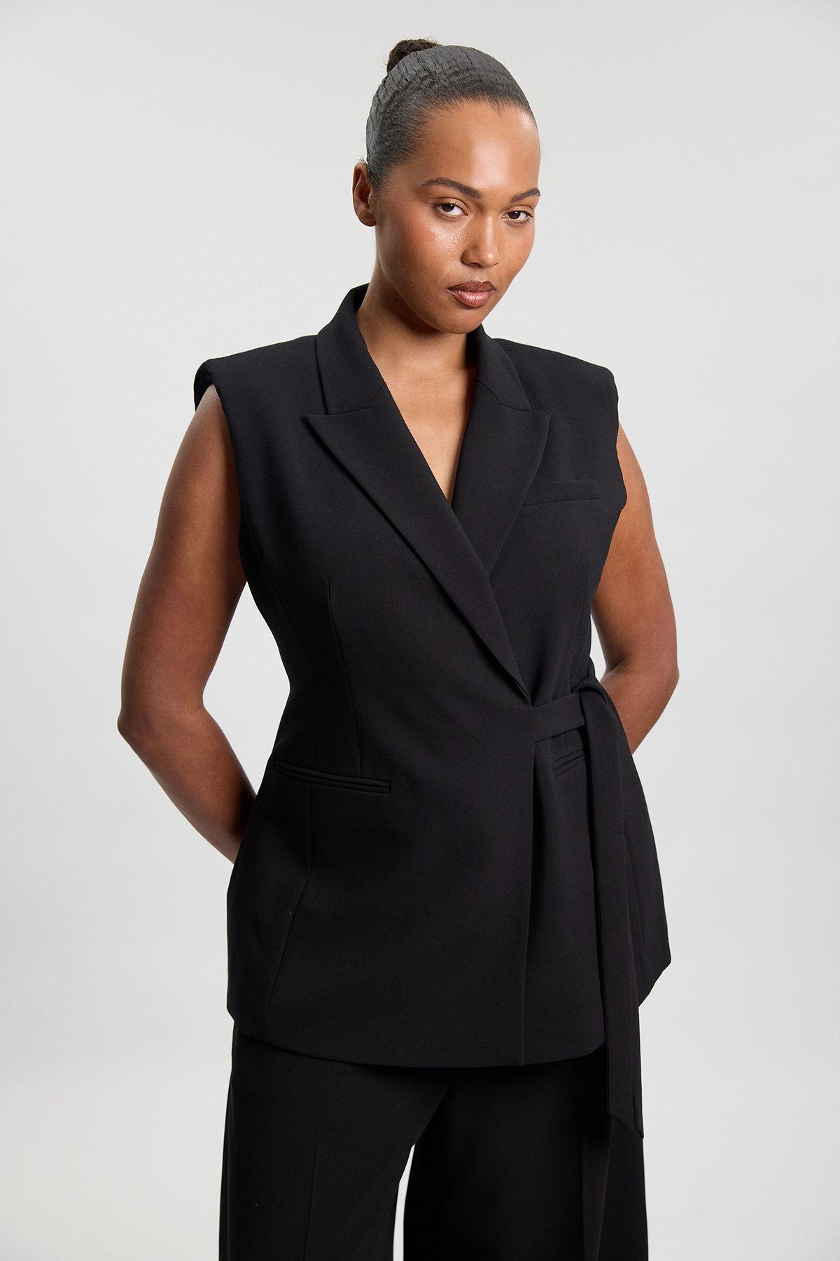 Plus Size Compact Stretch Tailored Tie Front Waistcoat by KARENMILLEN Plus Size Compact Stretch Tailored Tie Front Waistcoat by KARENMILLEN