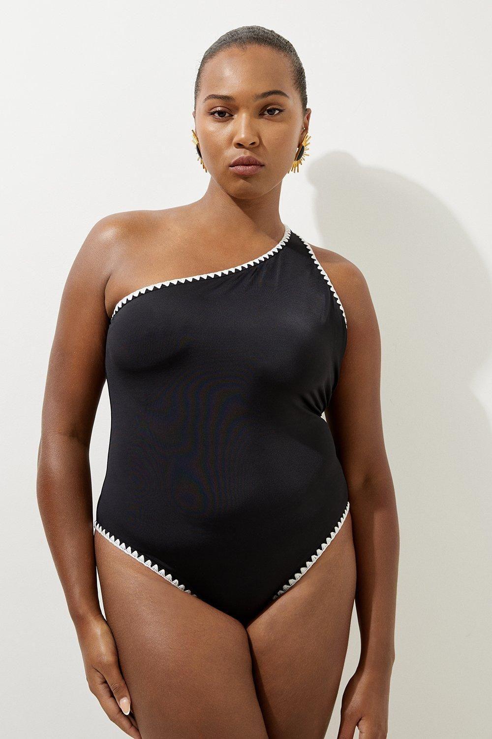 Plus Size Contrast Stitch One Shoulder Swimsuit by KARENMILLEN