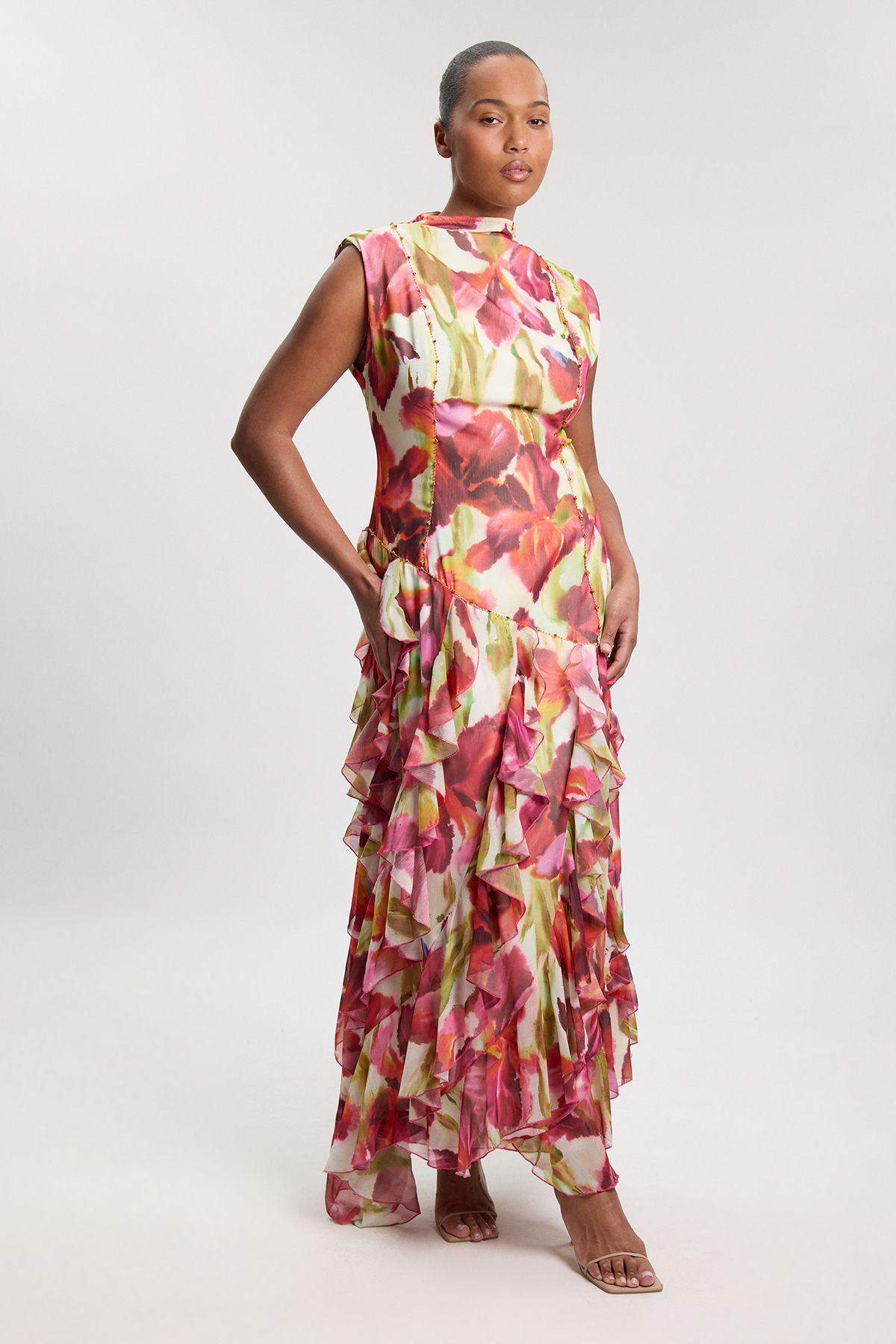 Plus Size Crinkle Floral Print Beaded High Neck Maxi Dress by KARENMILLEN