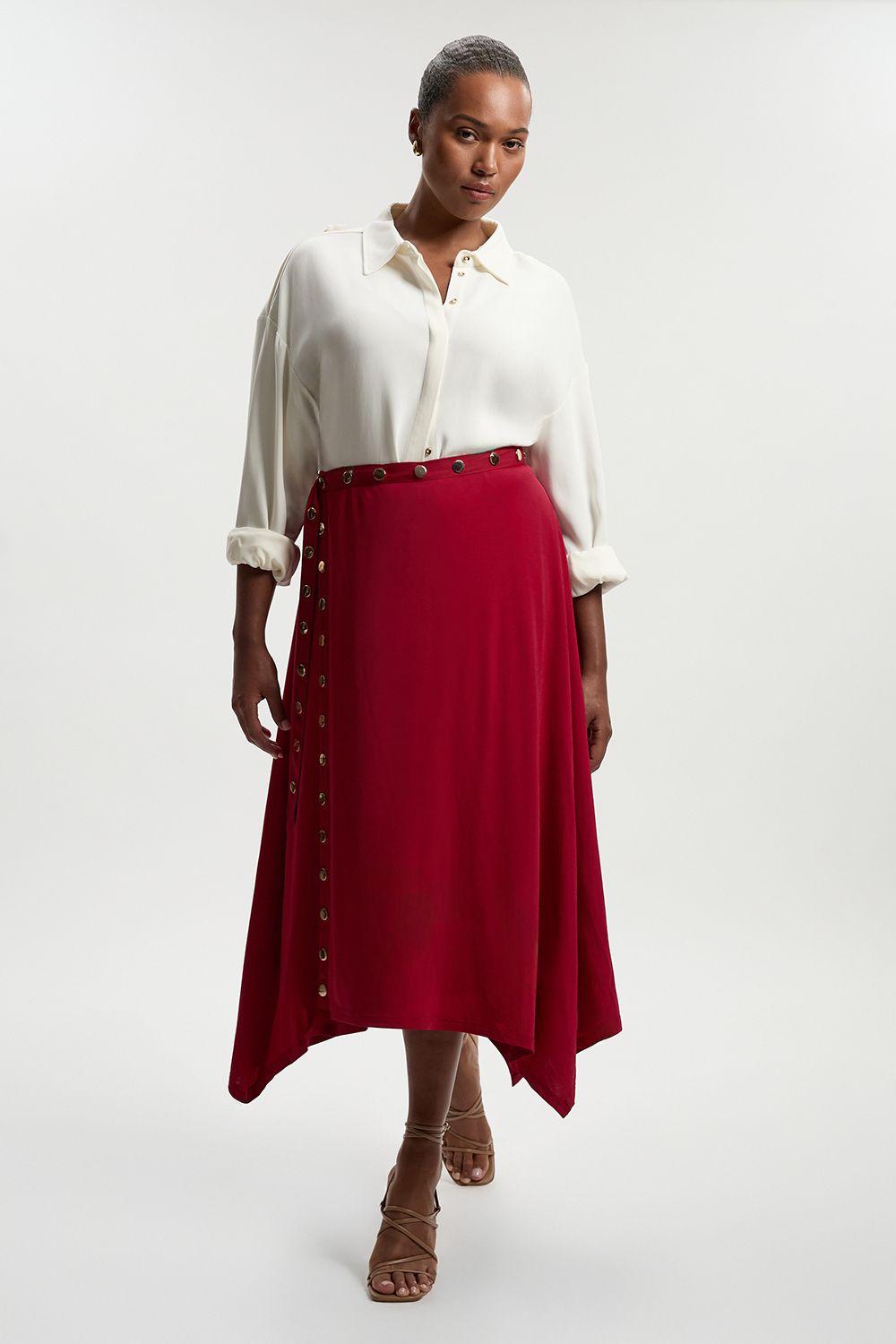 Plus Size Drapey Crepe Hanky Hem Eyelet Detail Maxi Skirt by KARENMILLEN