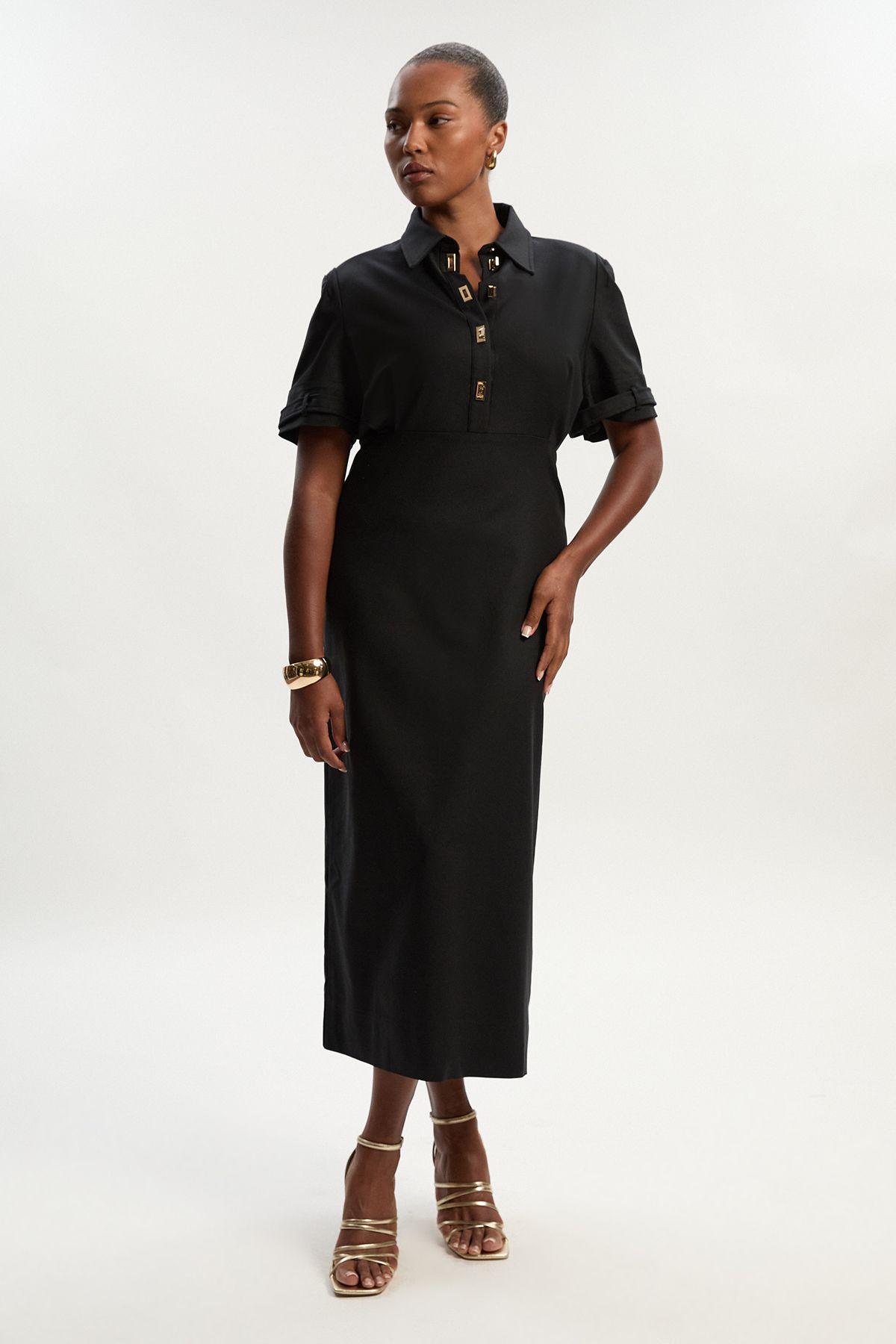 Plus Size Essential Techno Short Sleeve Woven Shirt Dress With Gold Hardware by KARENMILLEN