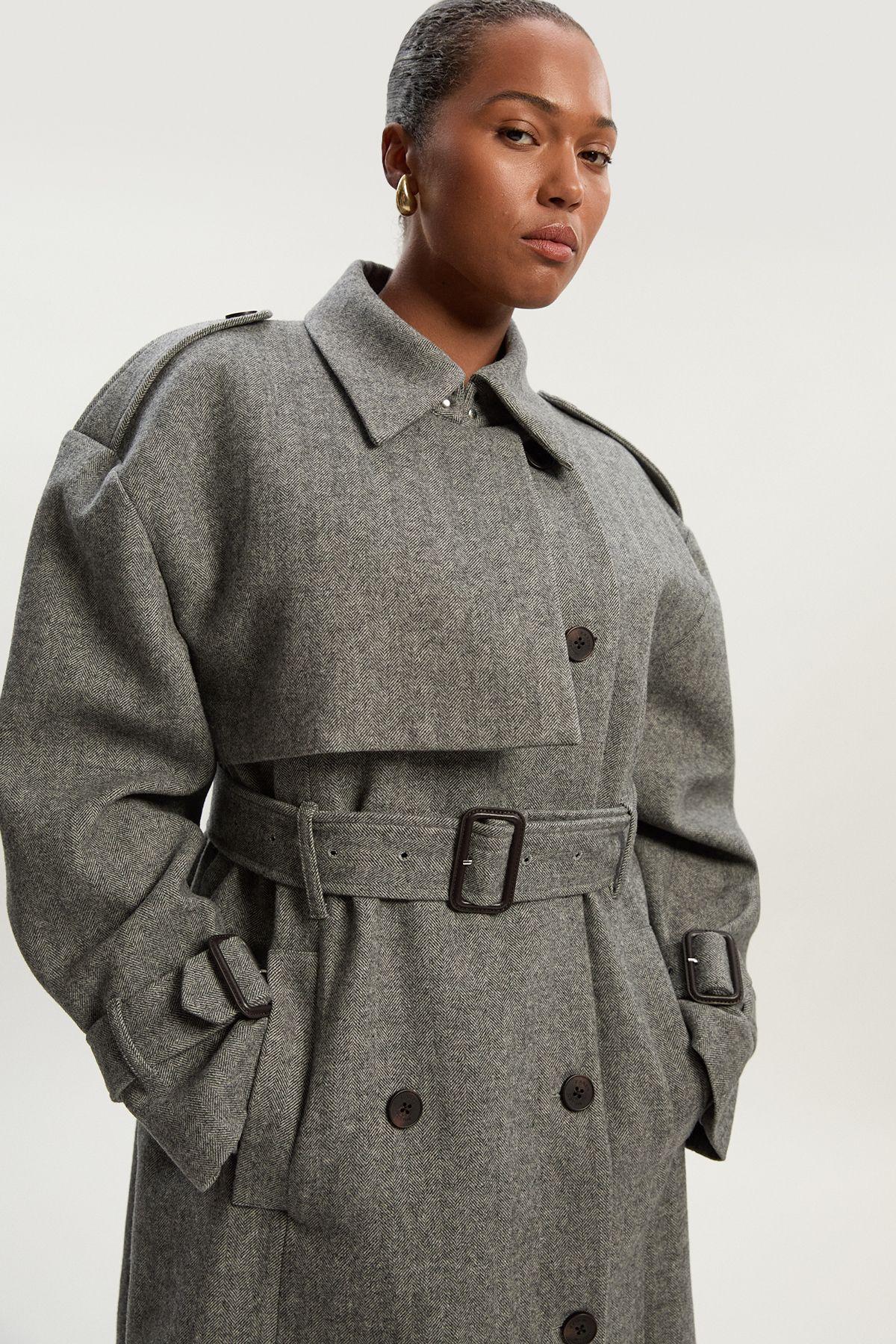 Plus Size Herringbone Wool Belted Trench Tailored Maxi Coat by KARENMILLEN