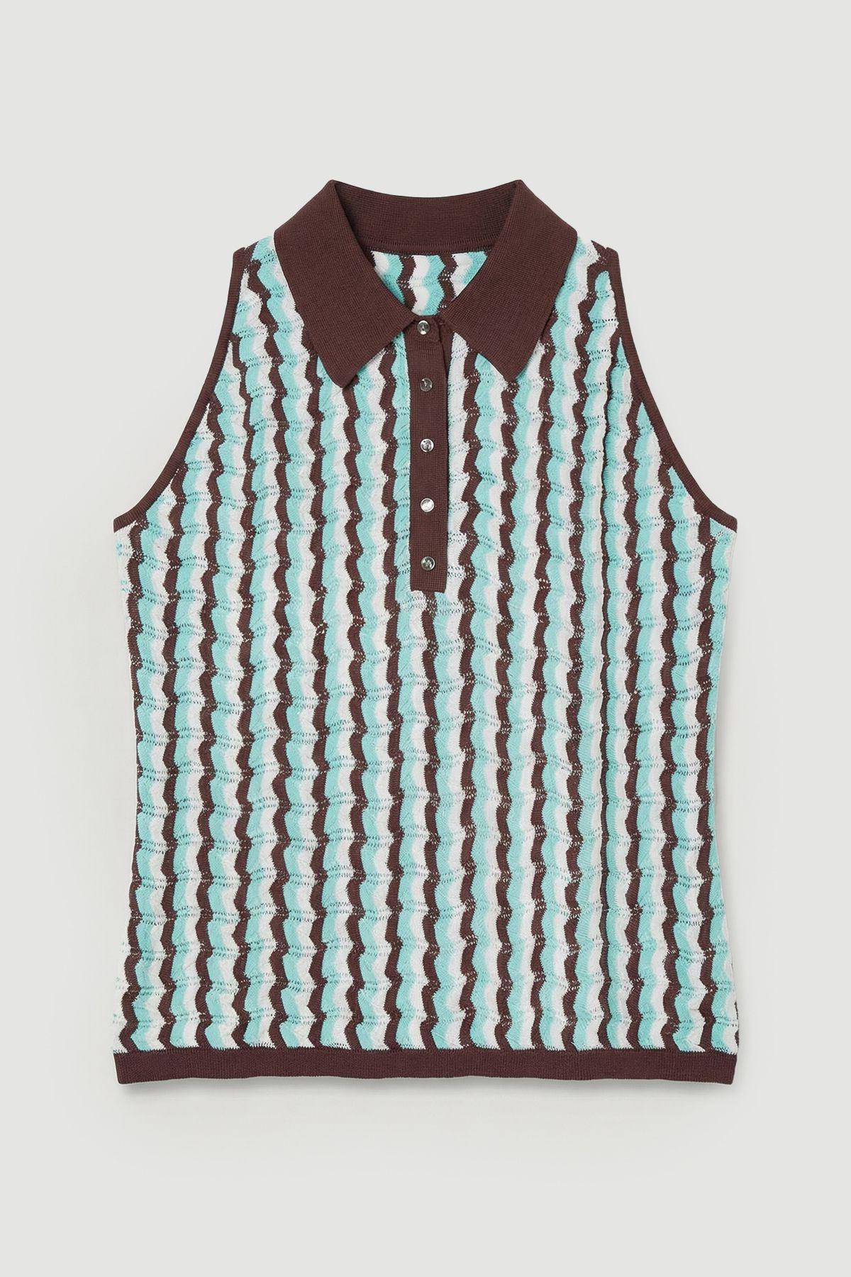 Plus Size Knit Contrast Collar Pointelle Sleeveless Midi Top by KARENMILLEN