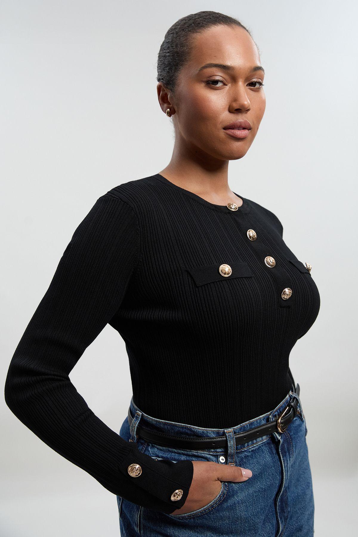 Plus Size Military Trim Rib Long Sleeve Knit Top by KARENMILLEN