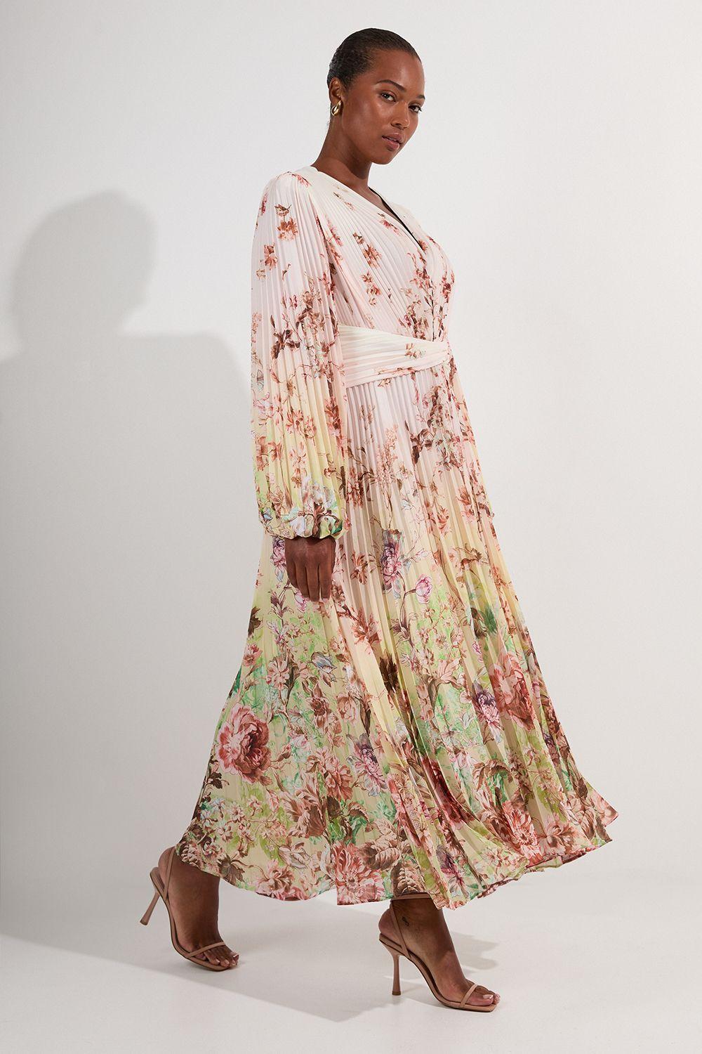 Plus Size Scattered Floral Balloon Sleeve Pleated Crinkle Cut Out Woven Maxi Dress by KARENMILLEN
