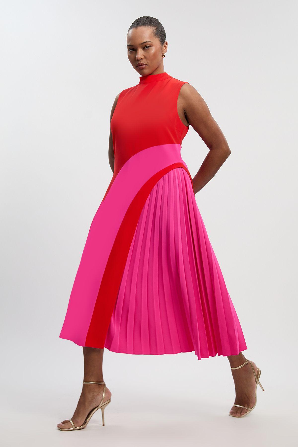 Plus Size Soft Tailored Colour Block High Neck Pleated Midi Dress by KARENMILLEN