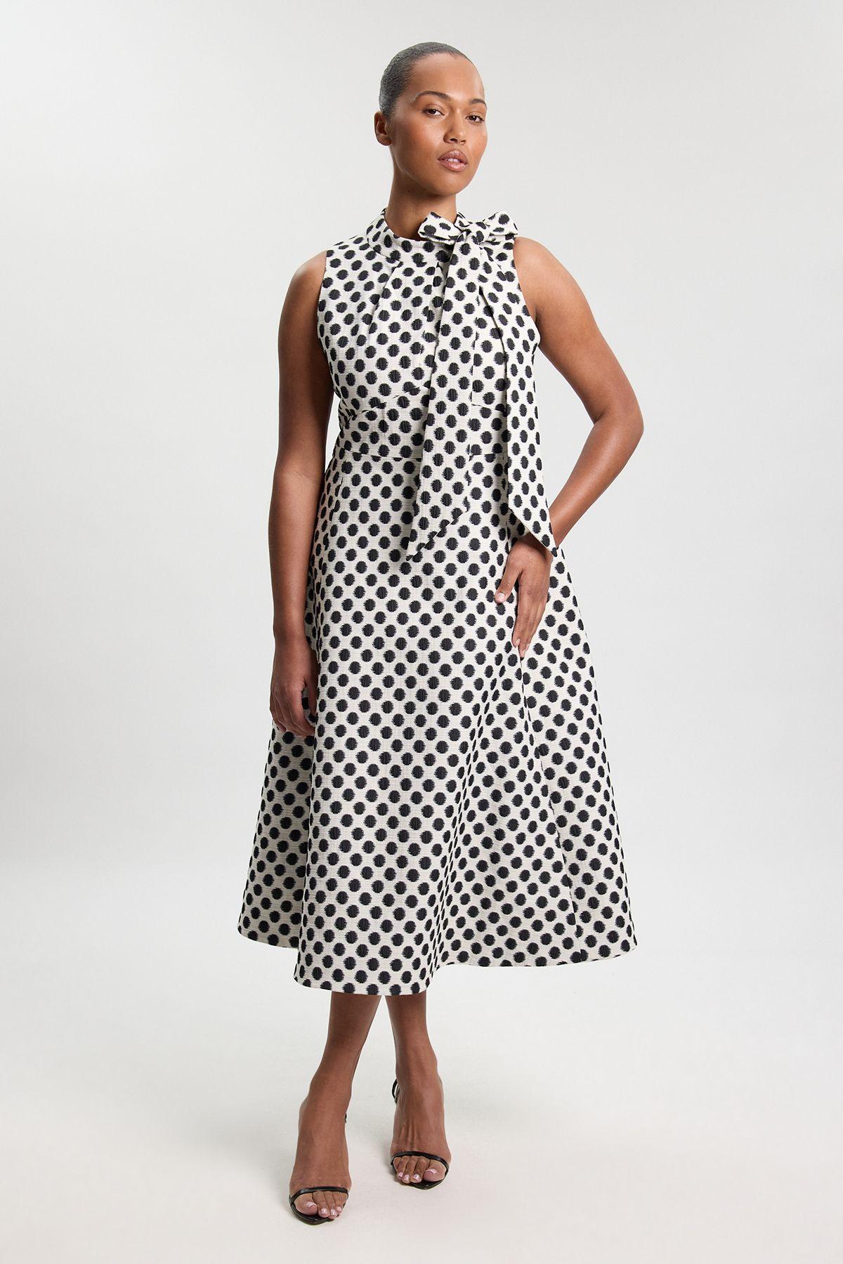 Plus Size Spot Jacquard Tailored Bow Neck Full Skirted Midi Dress by KARENMILLEN