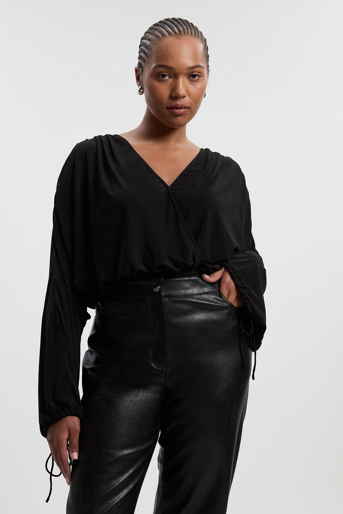 Plus Size Stretch Drapey Crepe Ruched Plunge Neck Batwing Sleeve Bodysuit by KARENMILLEN