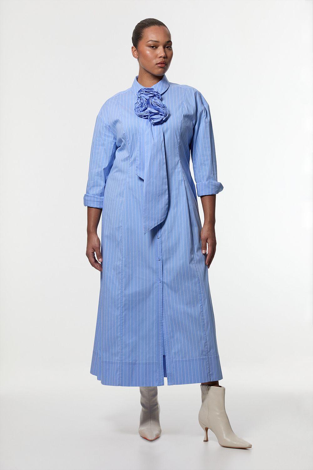 Plus Size Stripe Cotton Rosette Woven Shirt Maxi Dress by KARENMILLEN